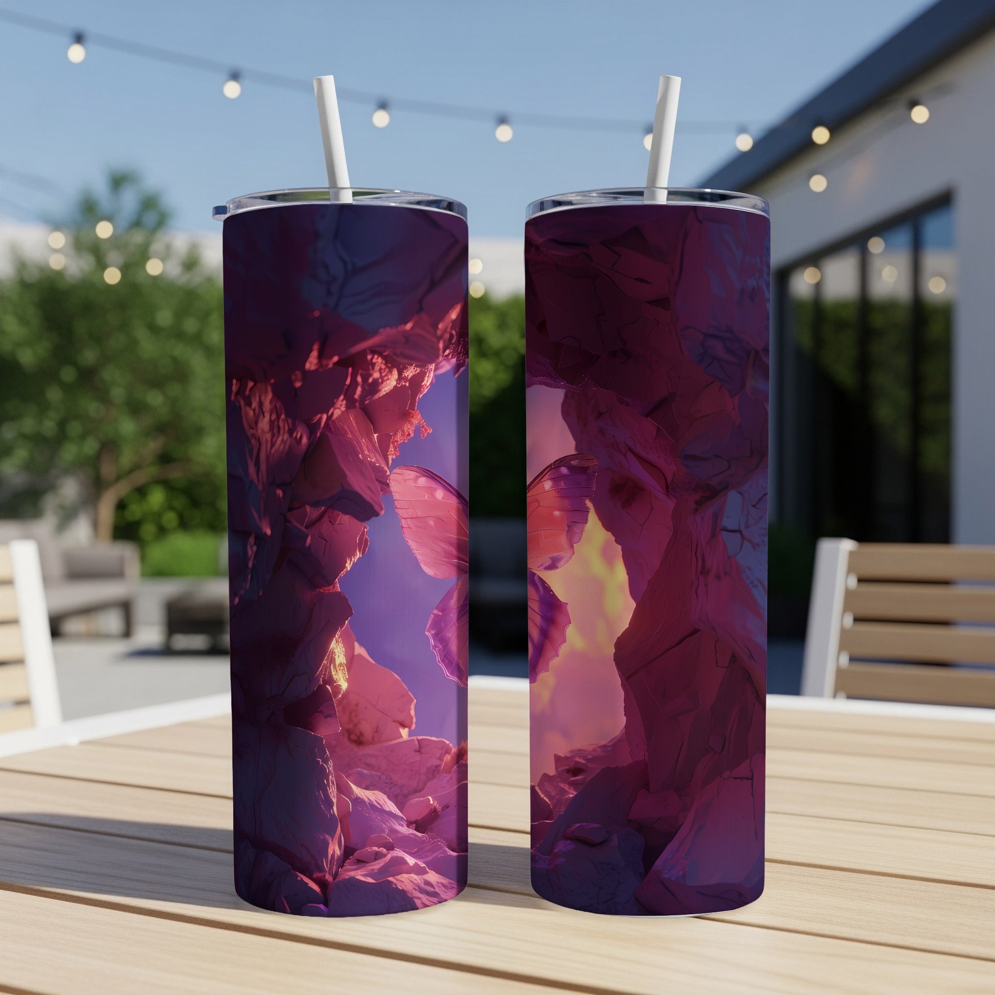 Two tumblers with a purple, cave-like design featuring butterflies.