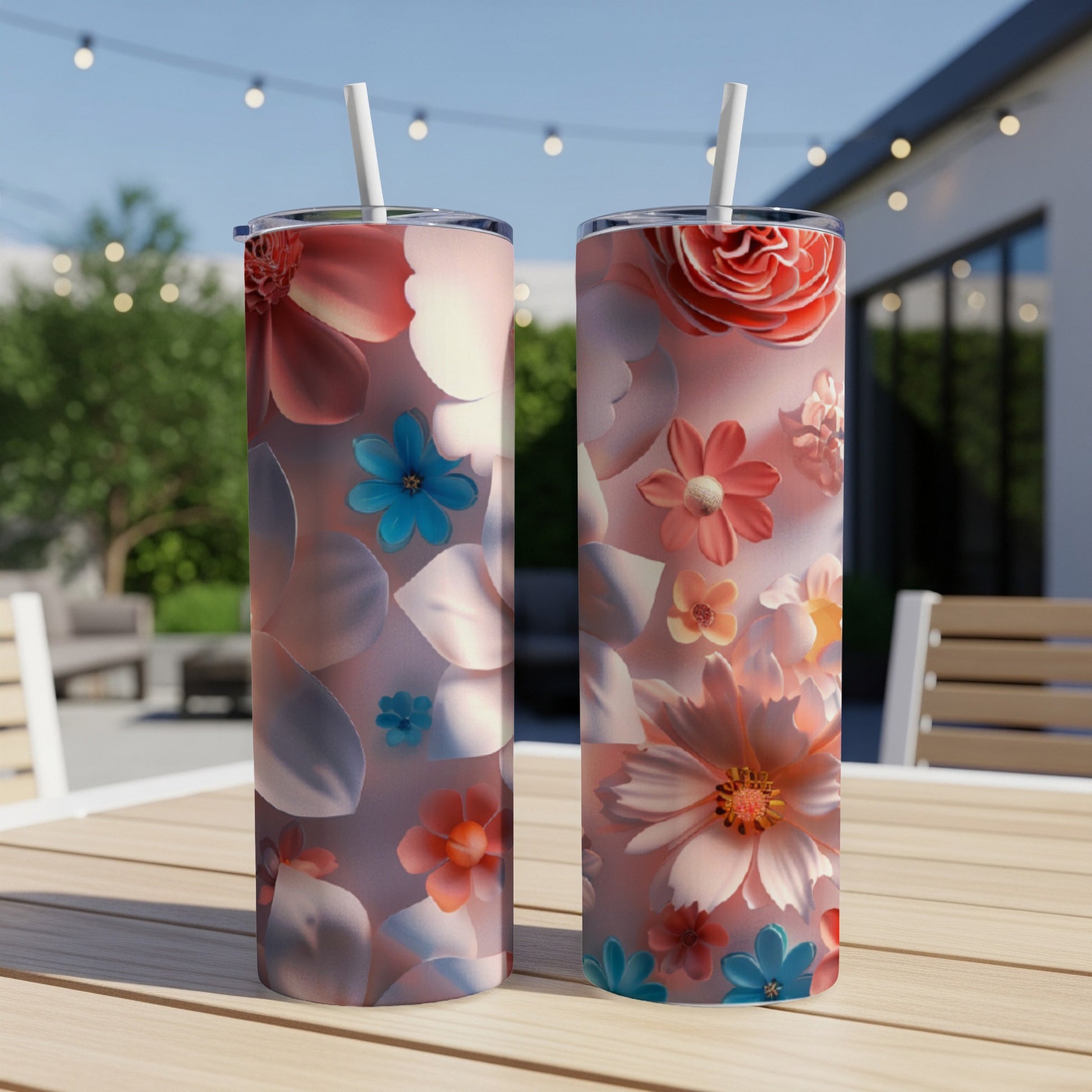 Two floral patterned tumblers with straws on a table outdoors.