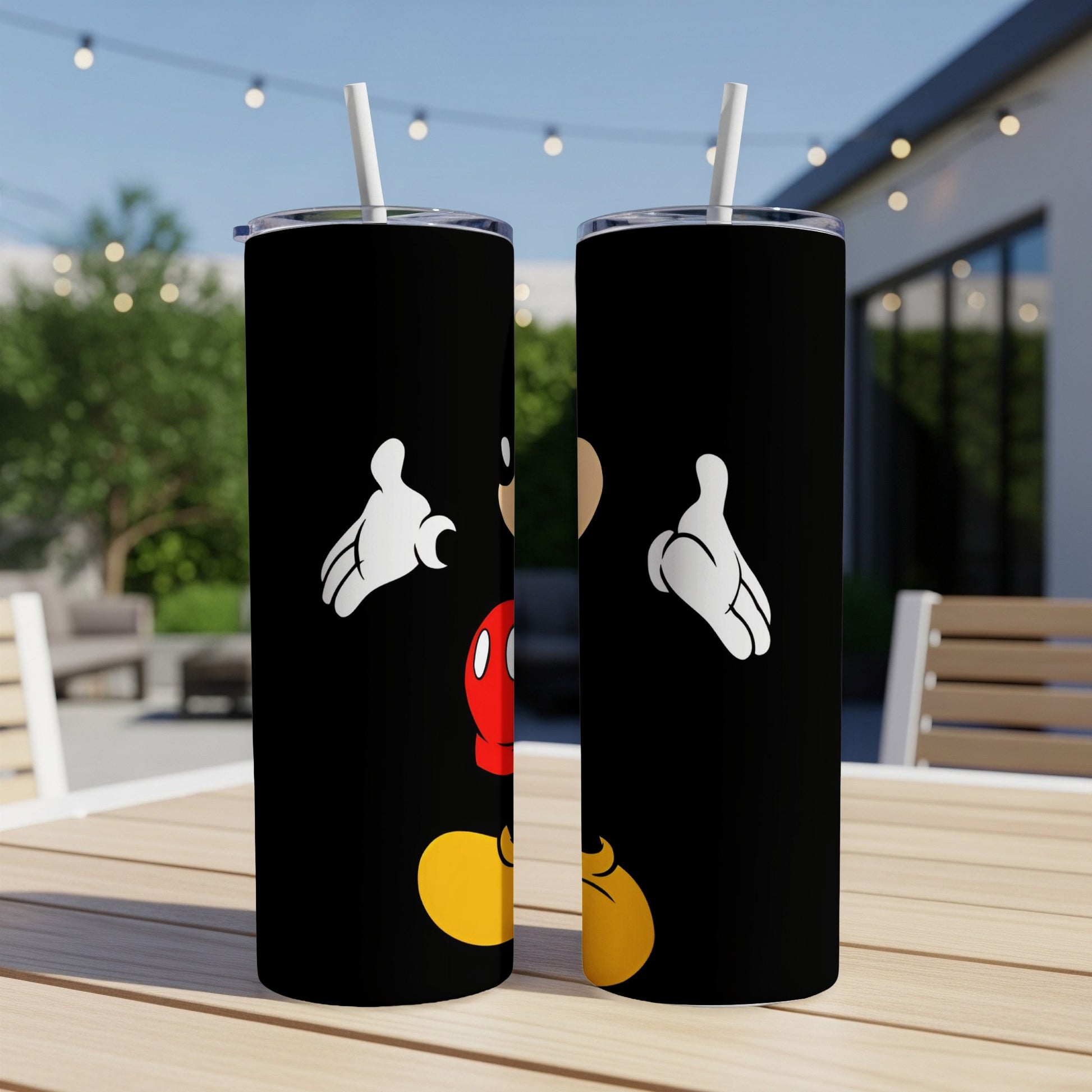 Black tumblers with Mickey Mouse face and hands design.
