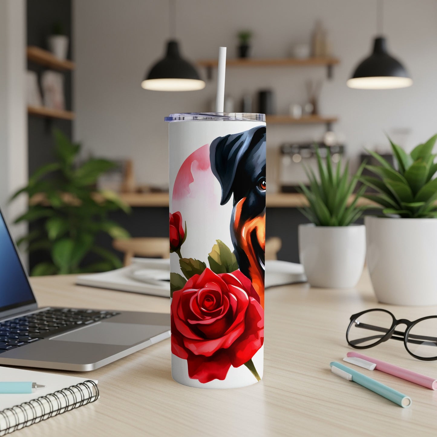 Tumbler with Rottweiler portrait and red rose illustration.