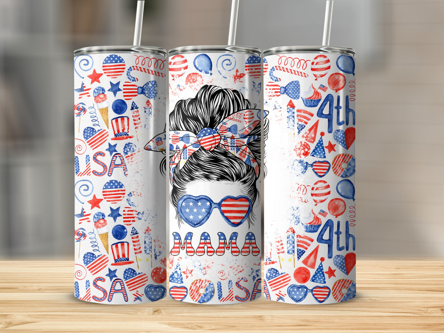 USA themed tumblers with patriotic designs and "MAMA" sunglasses.