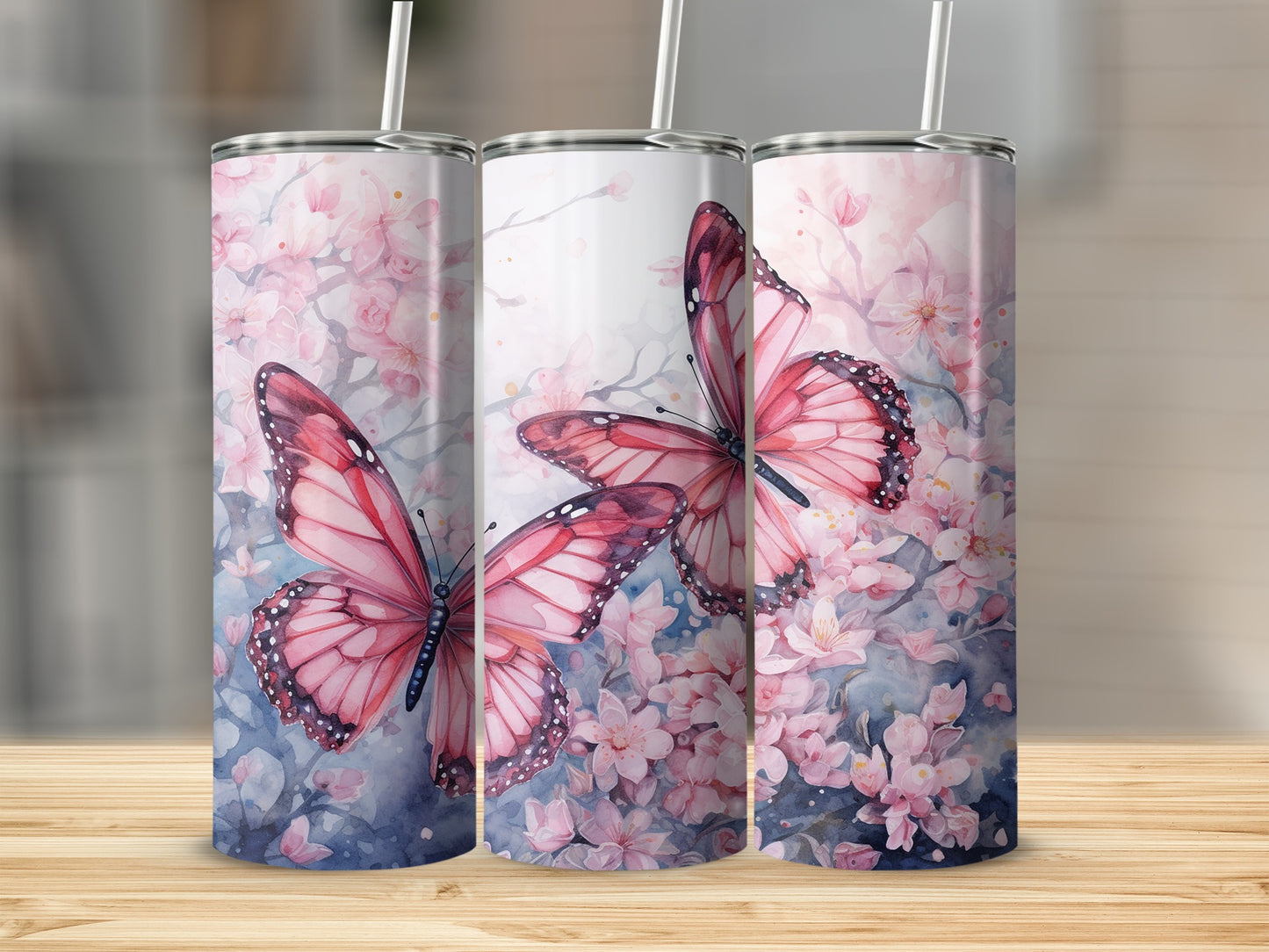 Pink Butterfly and Cherry Blossom Tumbler Flask