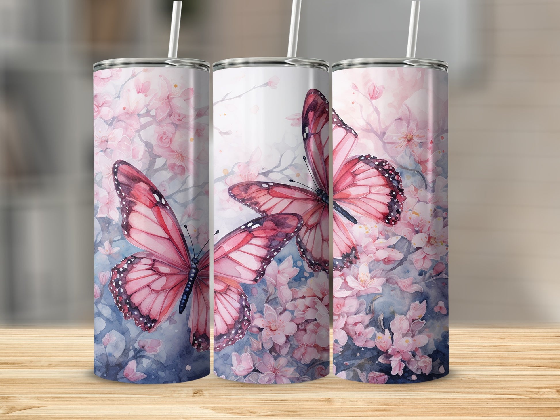 Pink Butterfly and Cherry Blossom Tumbler Flask