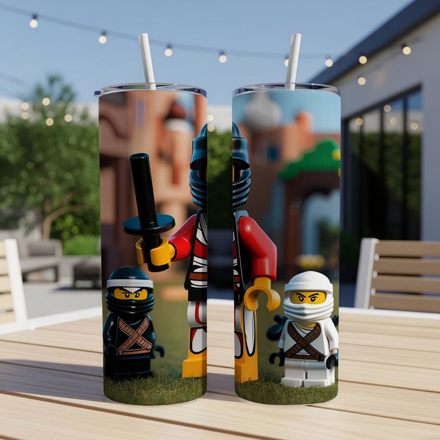 Two Lego Ninjago tumblers with ninja figures on an outdoor table.