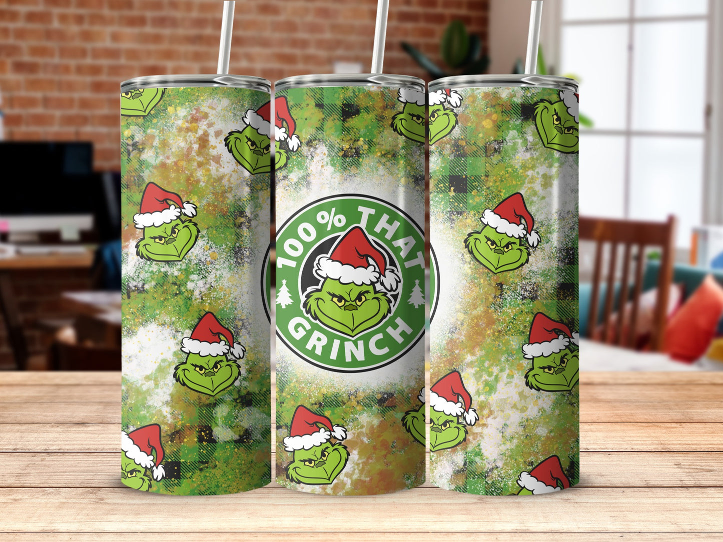 Grinch with Santa hat and "100% That Grinch" text on a green and plaid background.