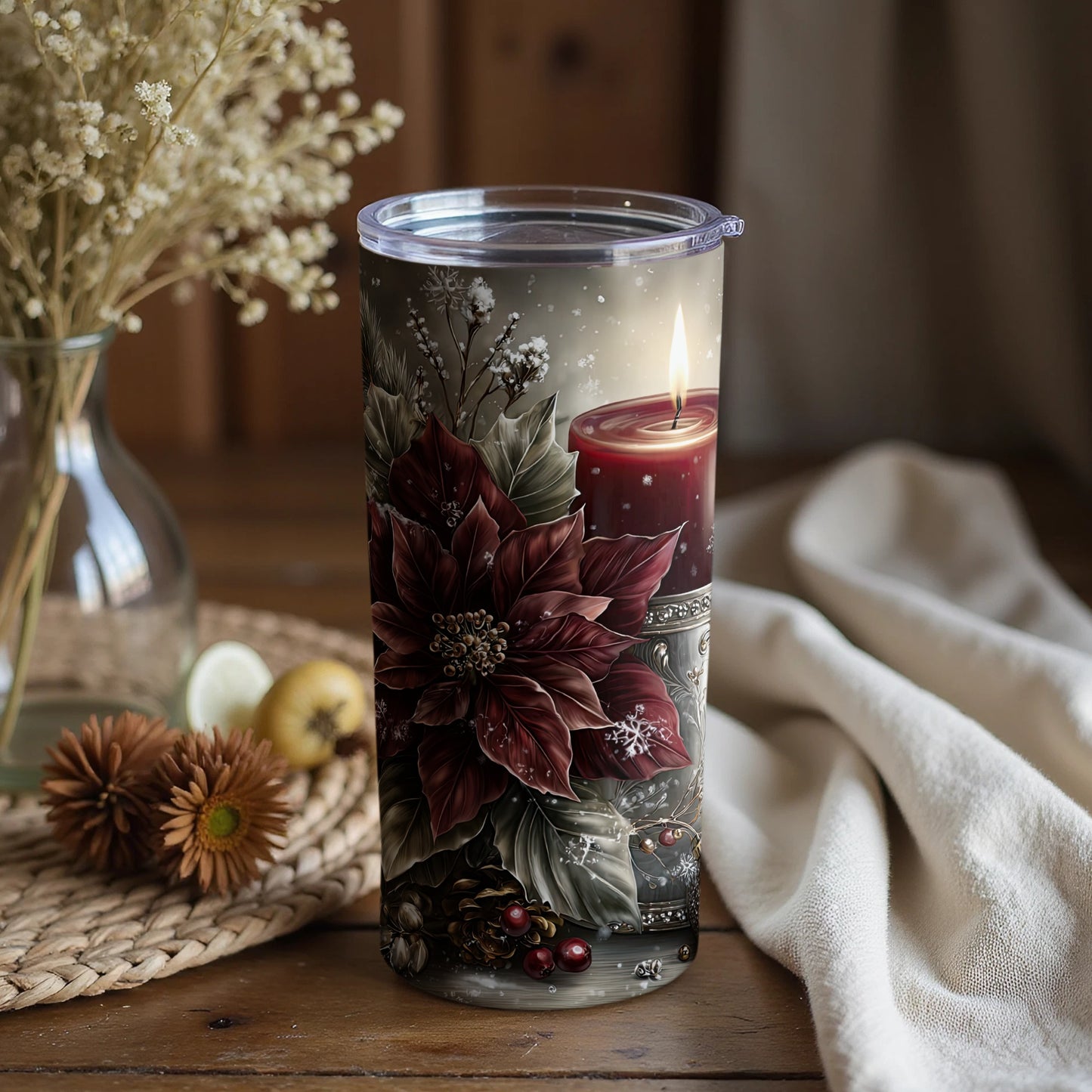 Festive Candle and Poinsettia Themed Tumbler
