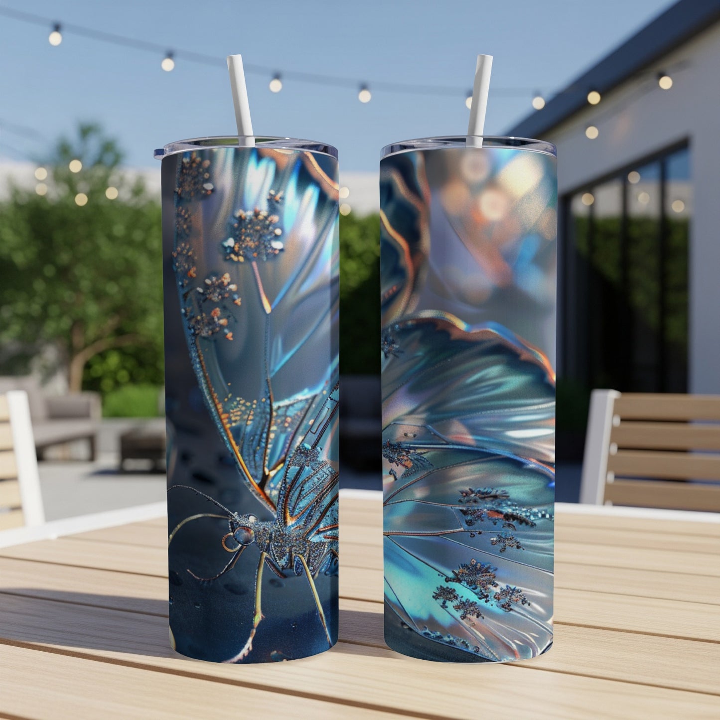 Two tumblers with iridescent butterfly wing designs and straws.