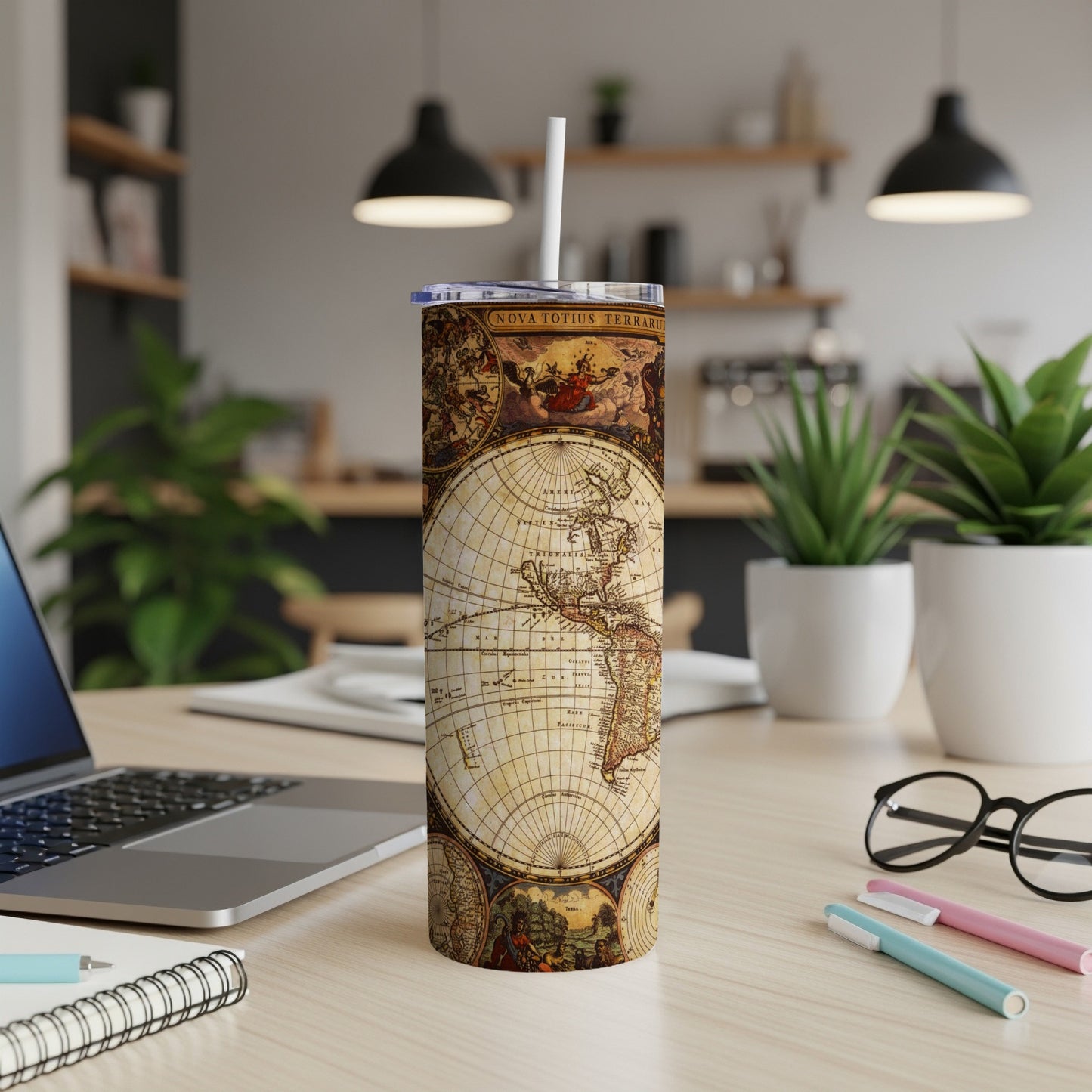 Tall tumbler with a vintage map design, featuring Nova Totius Terrarum and depicting continents.