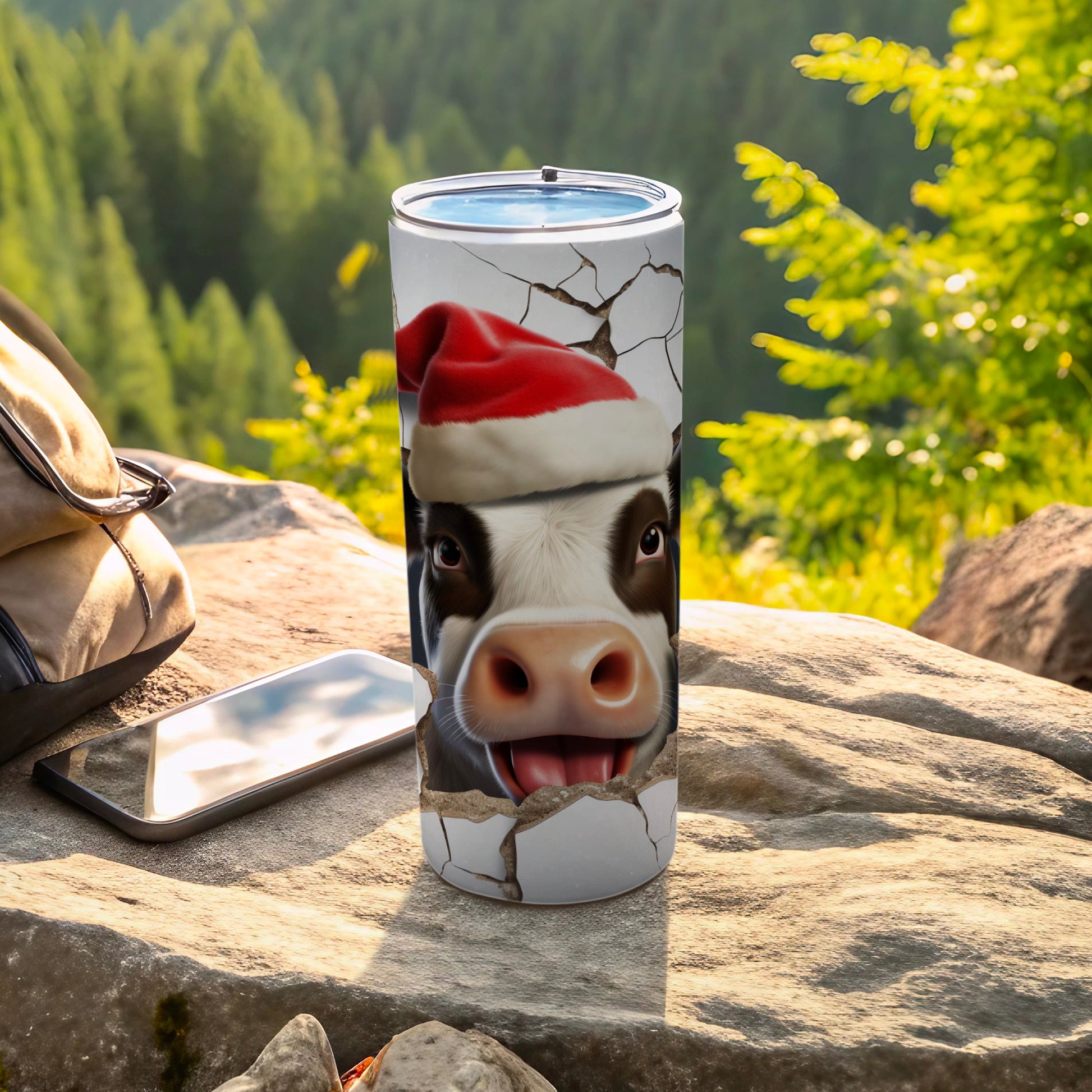Funny Christmas Cow With Santa Hat Beverage Tumbler