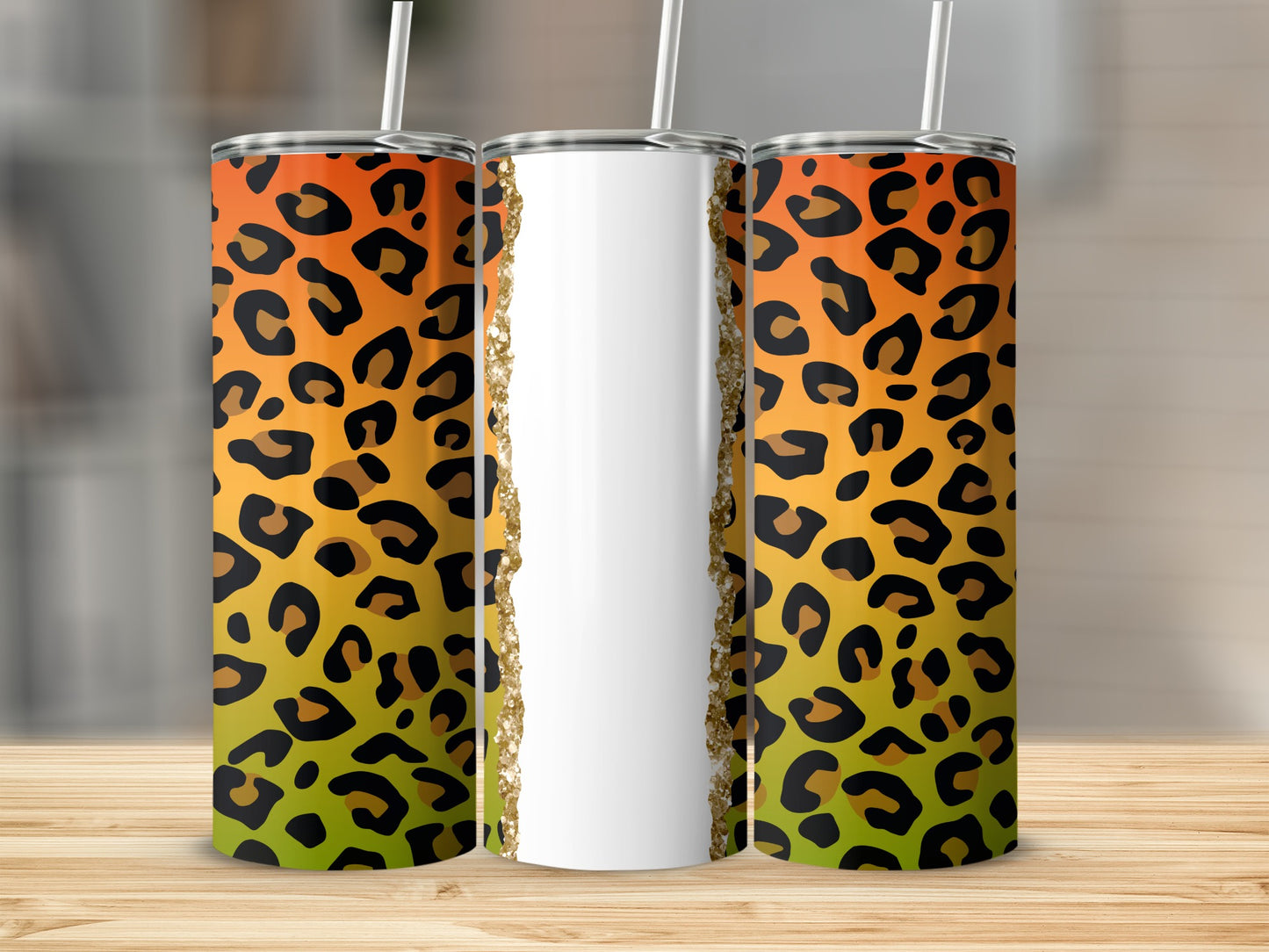 Three tall tumblers with leopard print and gradient backgrounds.