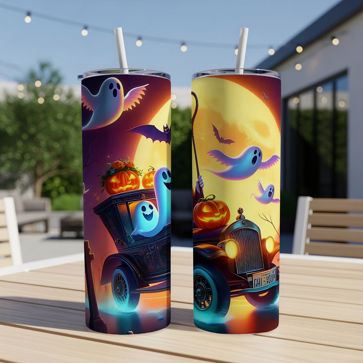 Two tumblers with a Halloween theme featuring ghosts, pumpkins, and bats in a vintage car.
