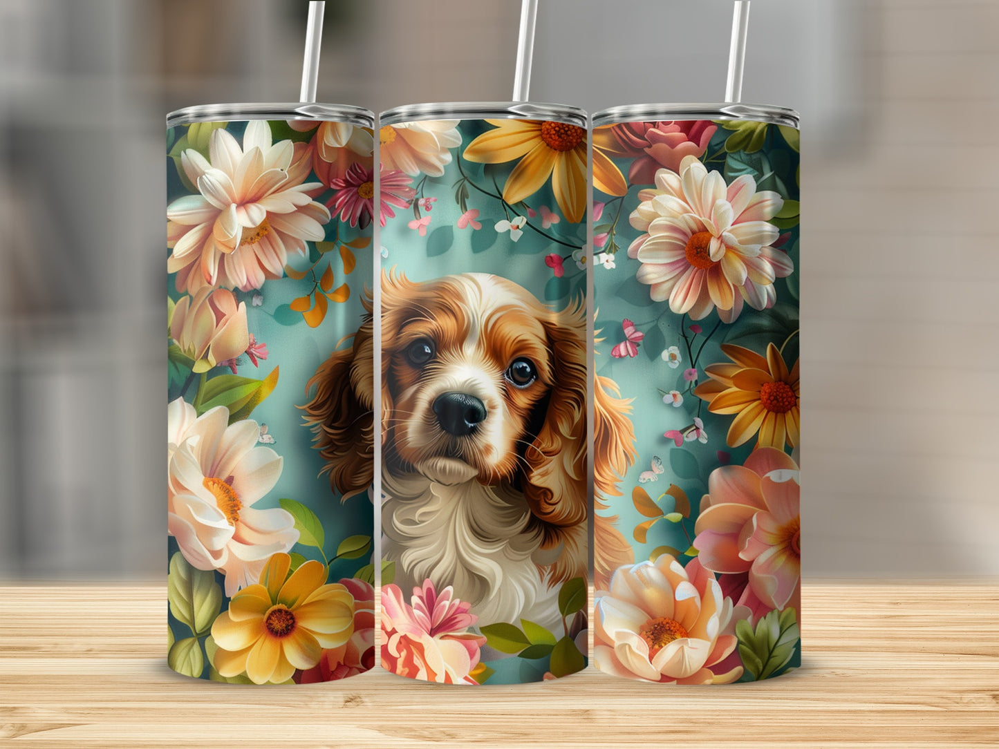 Cavalier King Charles Spaniel with flowers on a skinny tumbler.