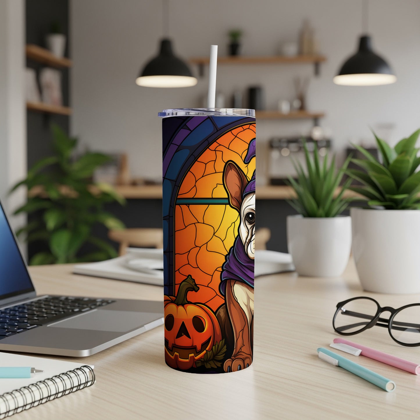 Halloween French Bulldog with witch hat and pumpkin on stained glass tumbler.