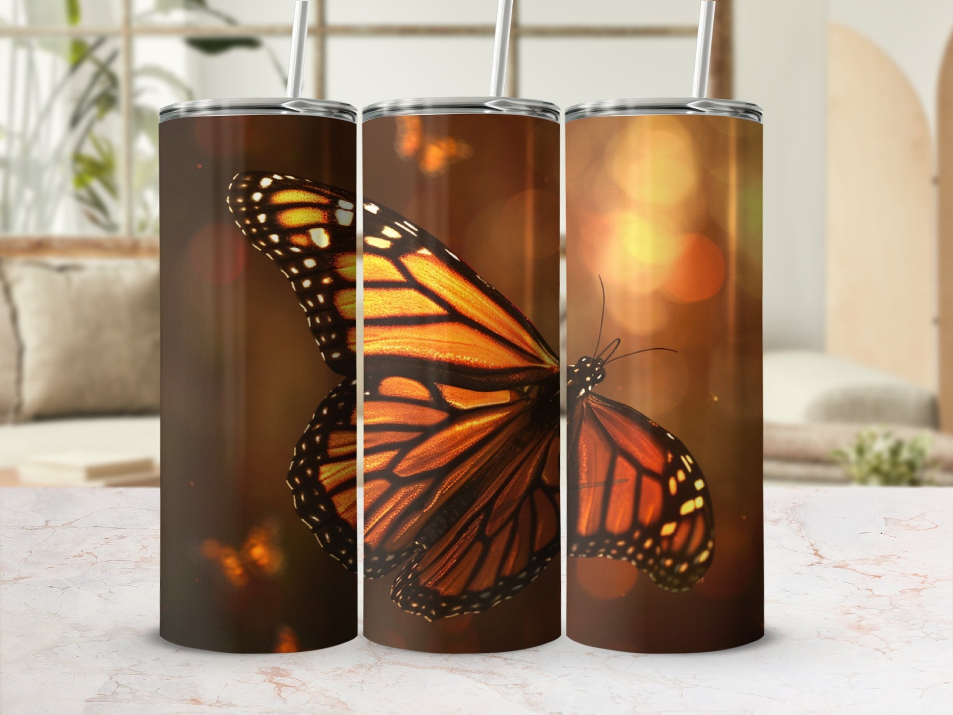 Monarch butterfly in flight on a tumbler with bokeh lights.