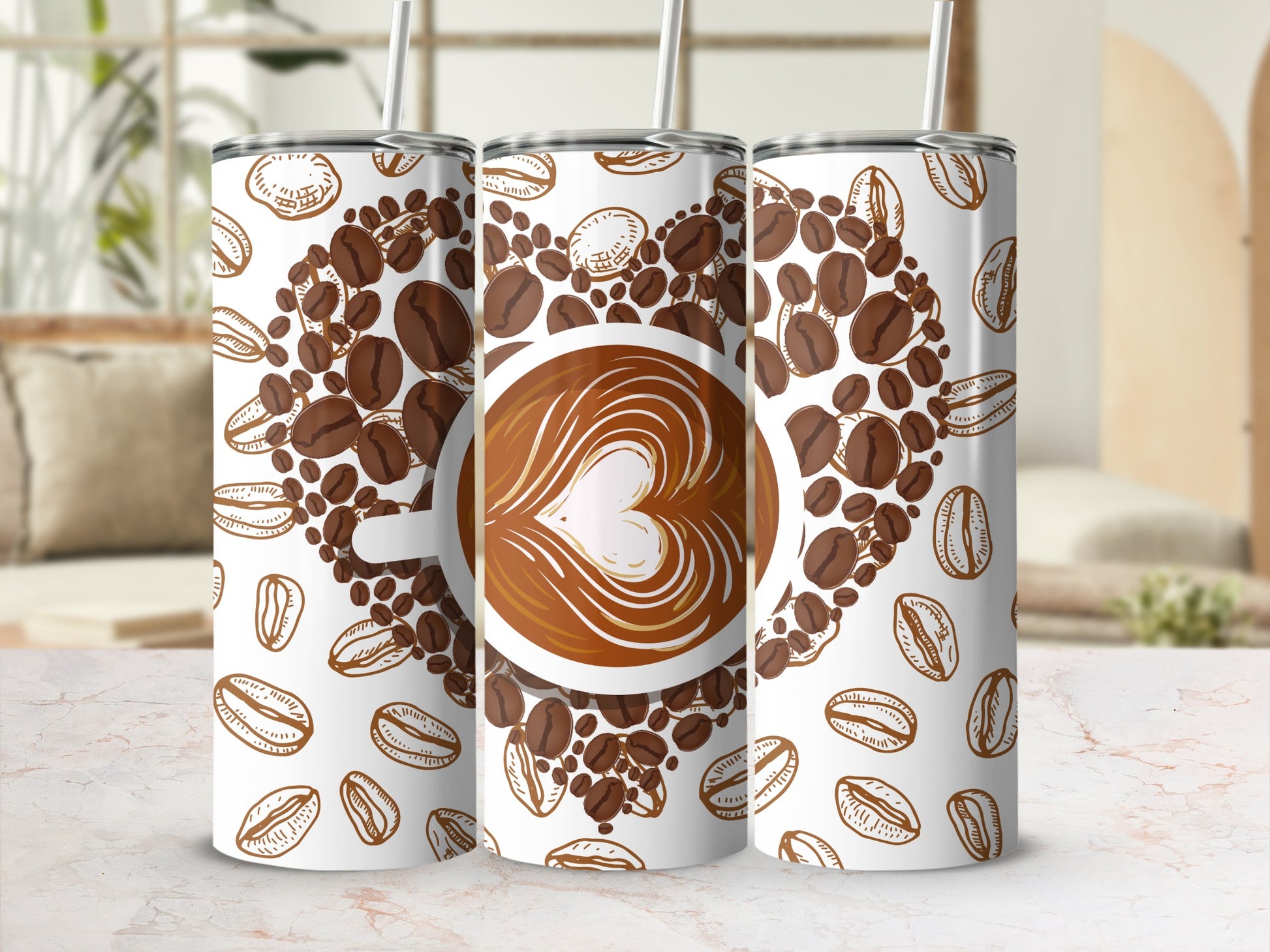 Coffee Bean and Latte Art Pattern Tumbler Cup