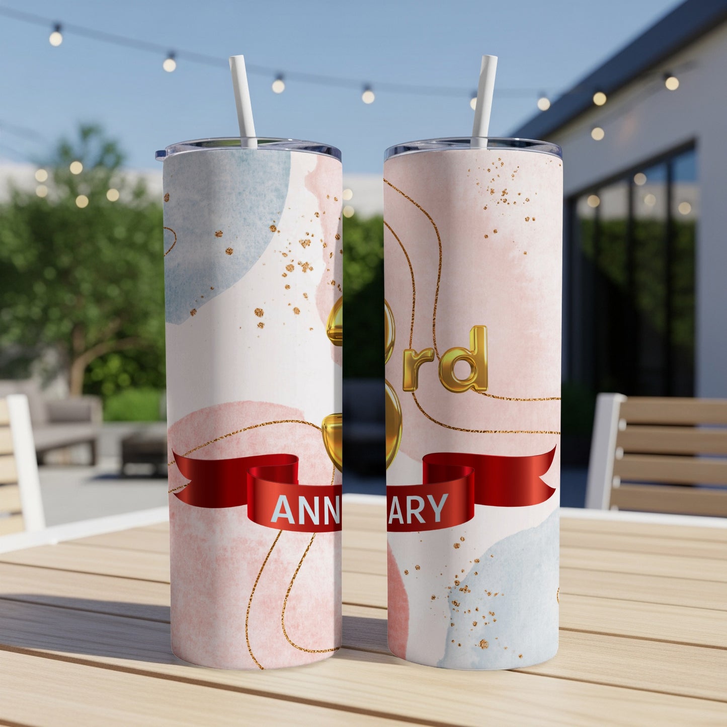 Two tall tumblers with "3rd Anniversary" and red ribbon graphic.