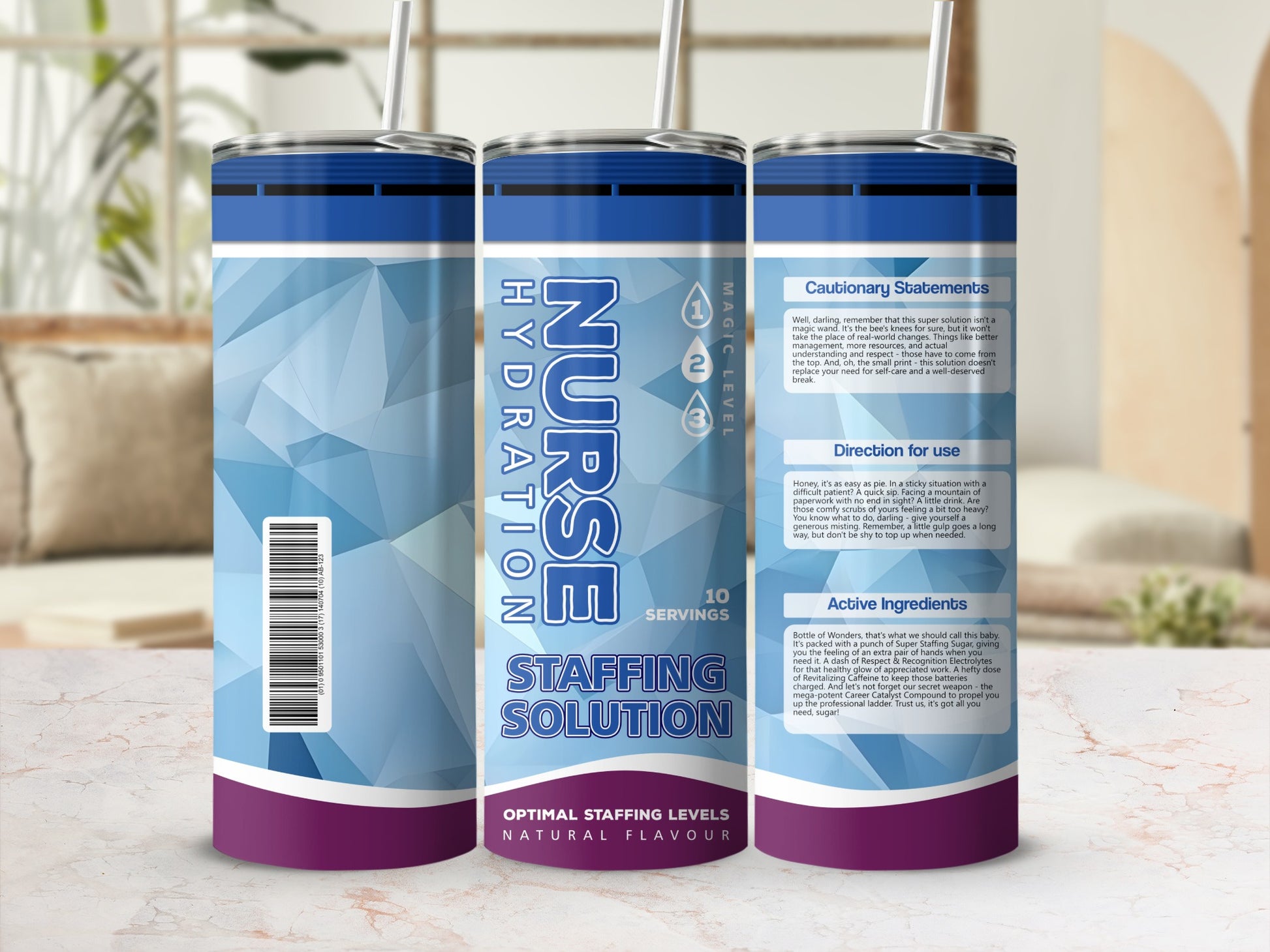 Nurse Hydration Staffing Solution tumbler with blue, white, and yellow design.