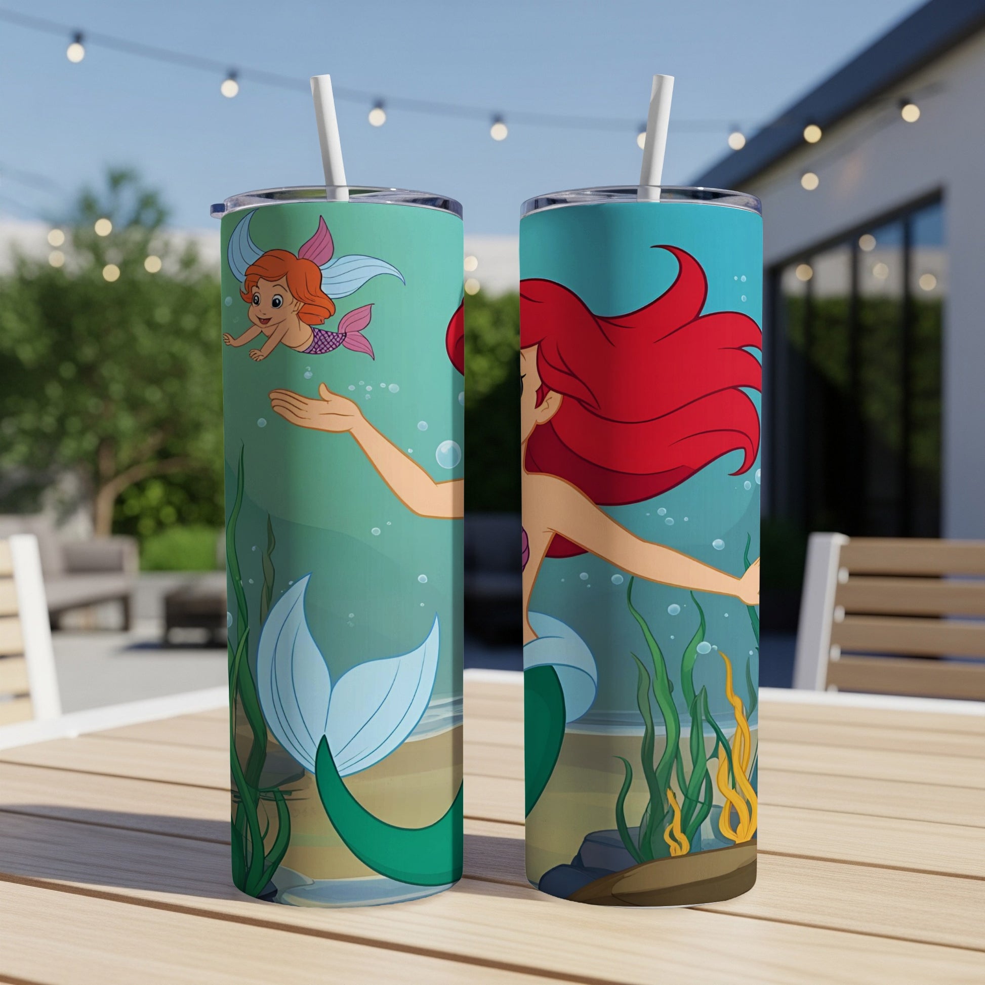 Two tumblers with Ariel from The Little Mermaid illustration.