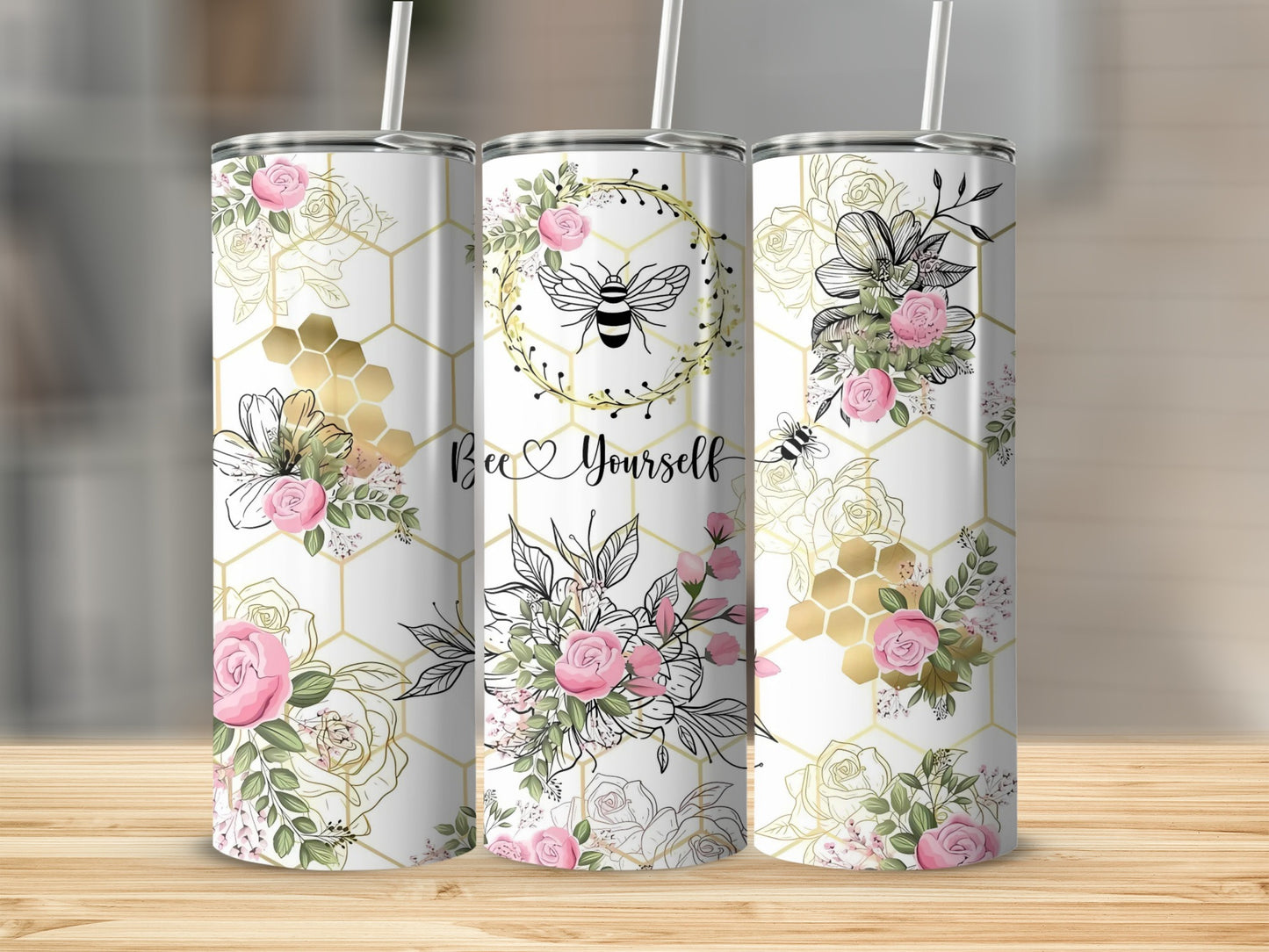Bee Yourself Floral Honeycomb Design Tumbler