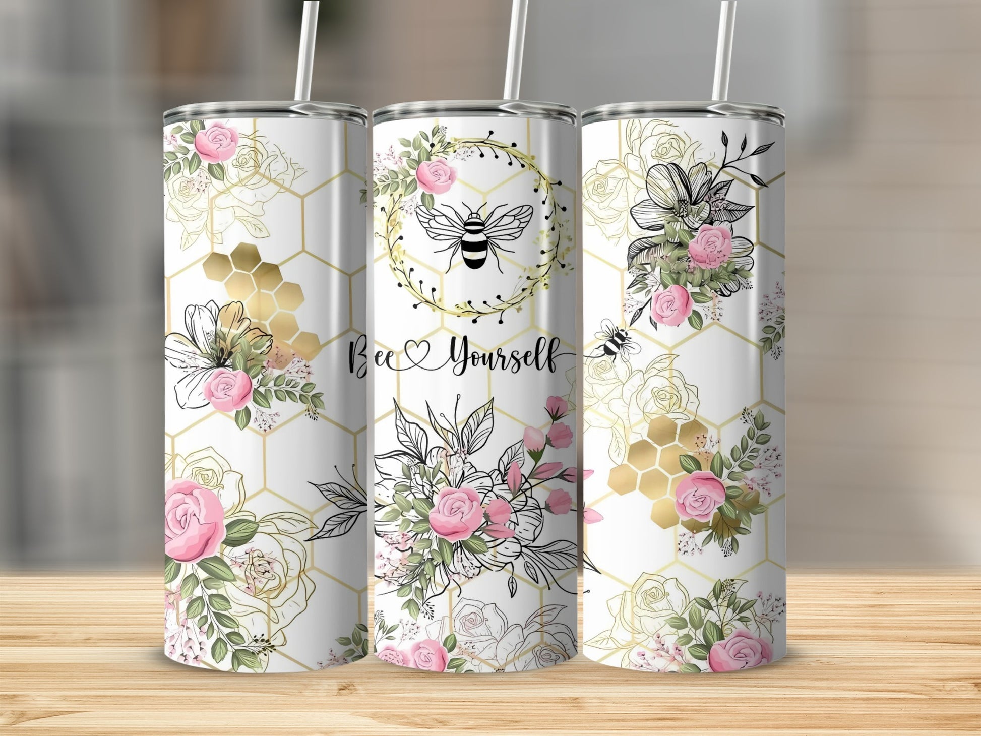 Bee Yourself Floral Honeycomb Design Tumbler