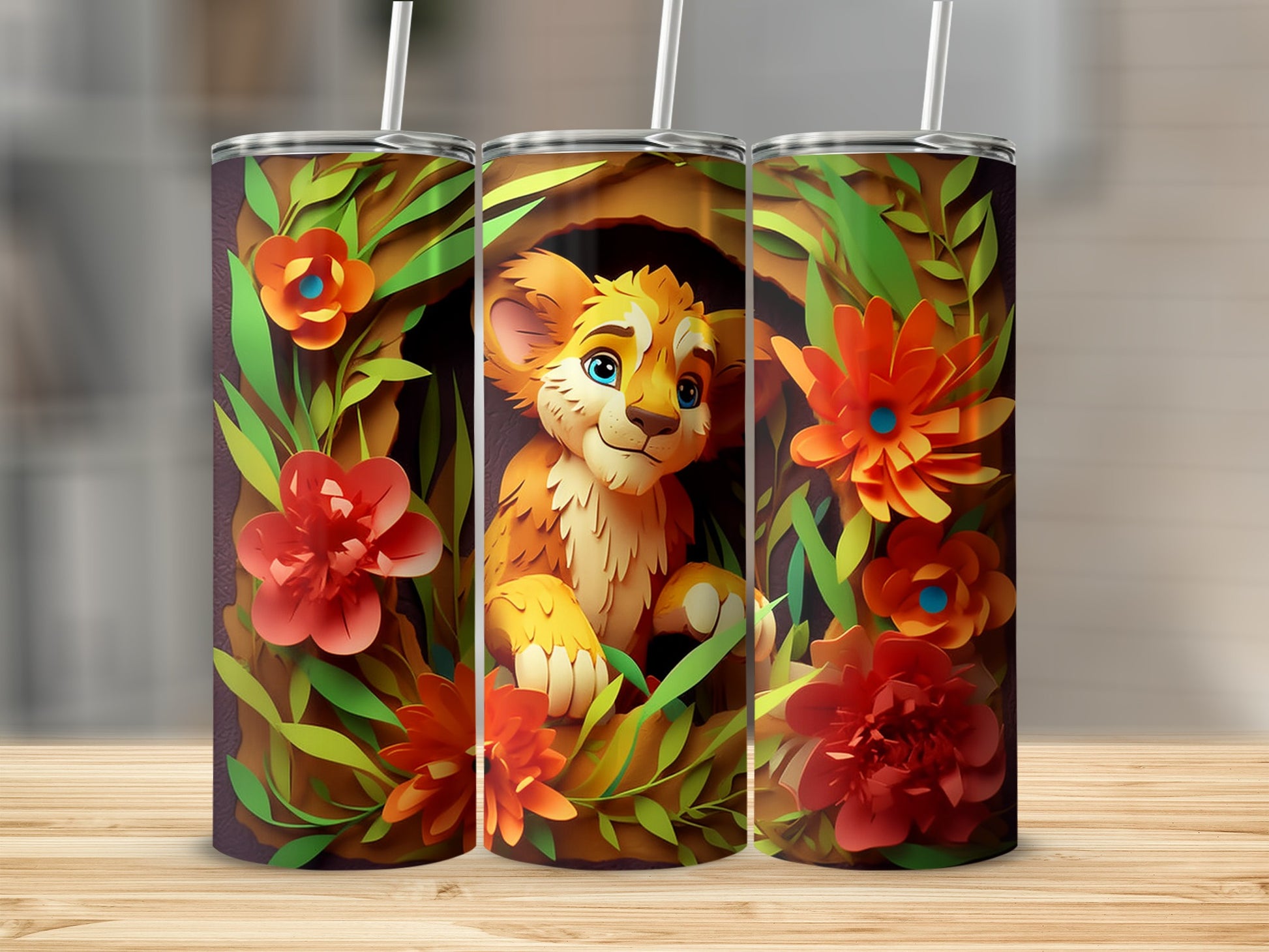Cute Lion Cub With Flowers Tumbler Product