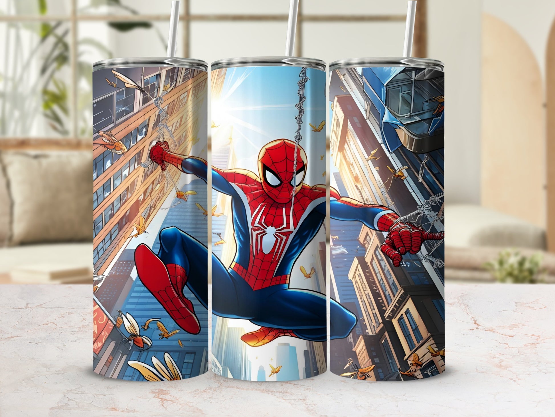 Spiderman swinging through a city, superhero theme tumbler.
