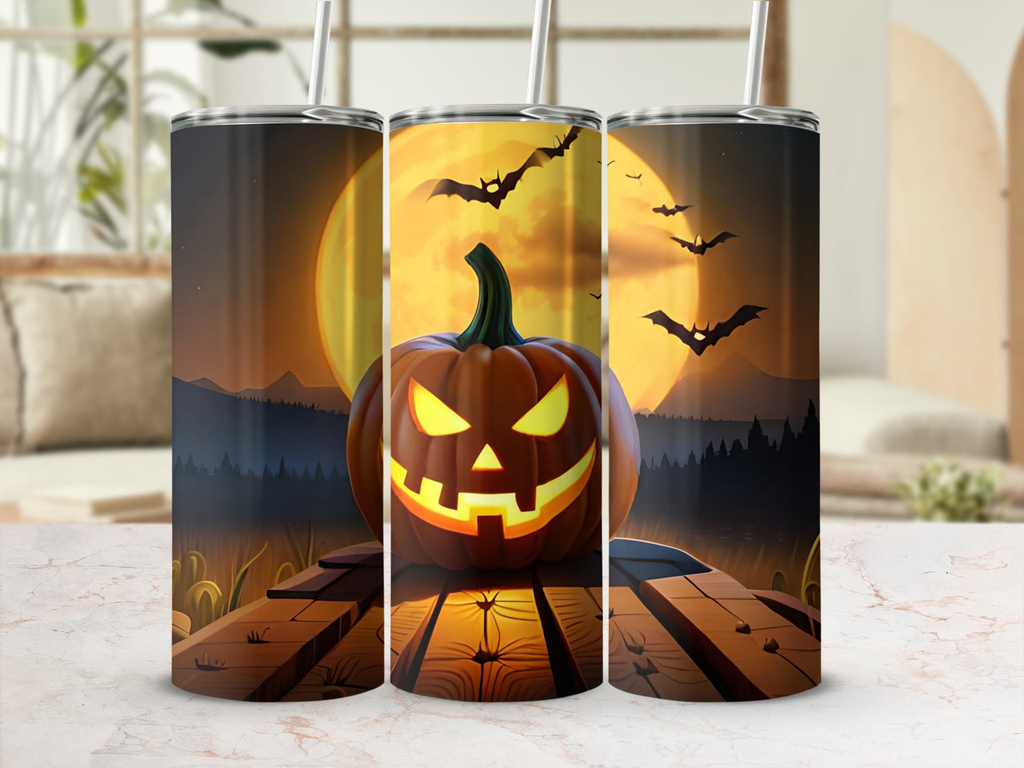Halloween tumbler with a jack-o'-lantern and bats against a full moon.