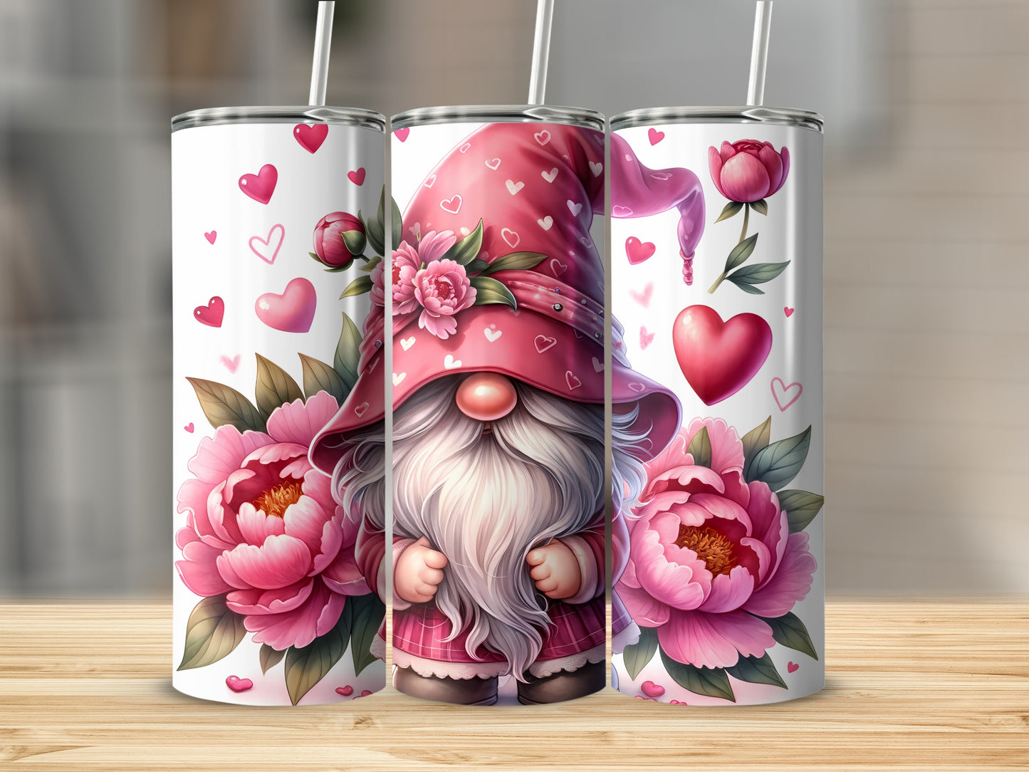 Gnome with pink peonies and hearts on a tumbler.