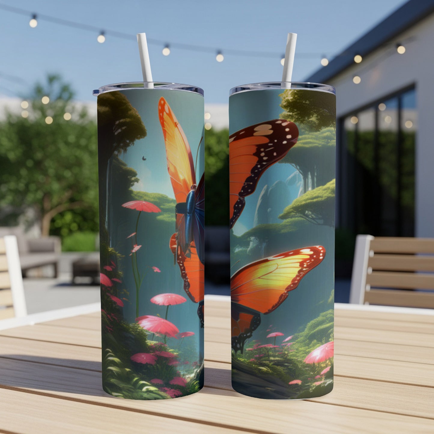 Two tall tumblers with monarch butterflies and pink mushrooms in a forest scene.