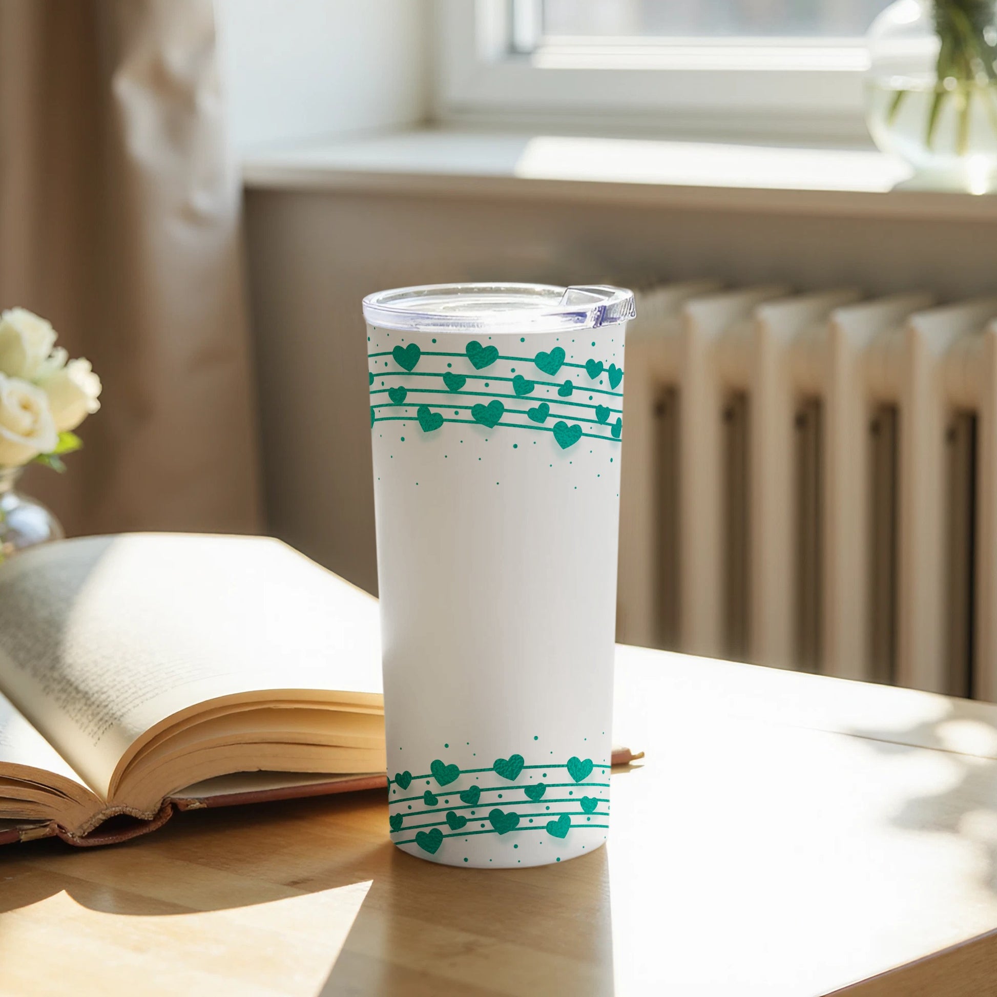 Heart Patterned White Tumbler with Teal Accents