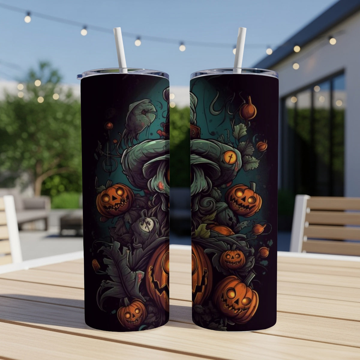 Two tumblers with a dark Halloween theme featuring pumpkins and spooky illustrations.