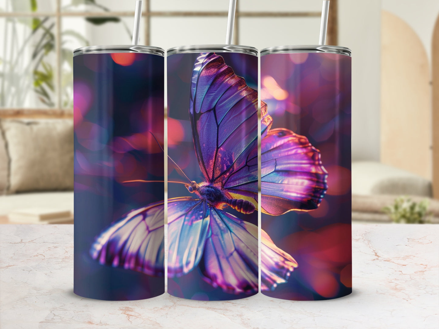 Three tumblers with a purple butterfly design against a bokeh background.
