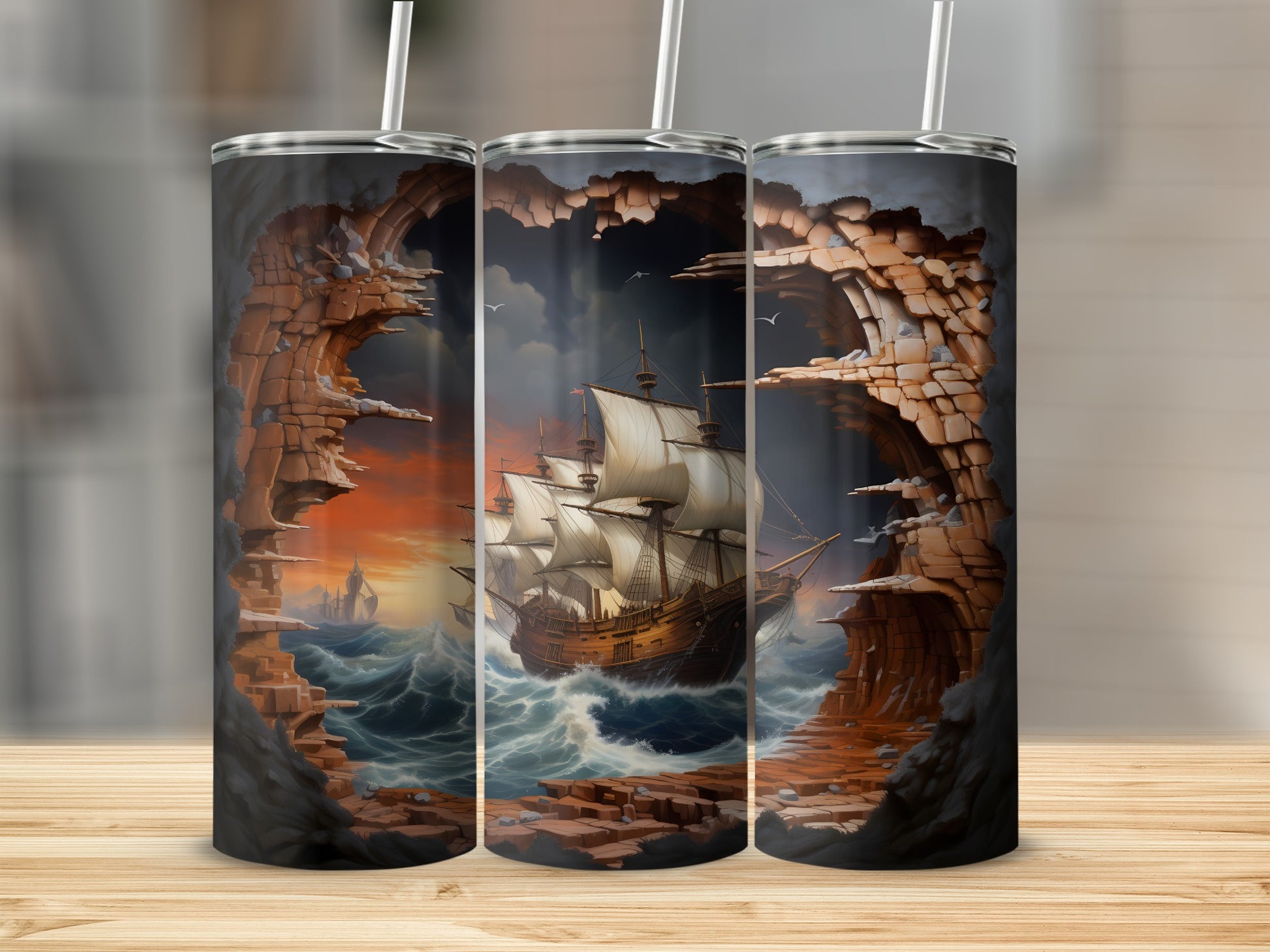 Triptych of a pirate ship sailing through stormy seas framed by rocky arches.