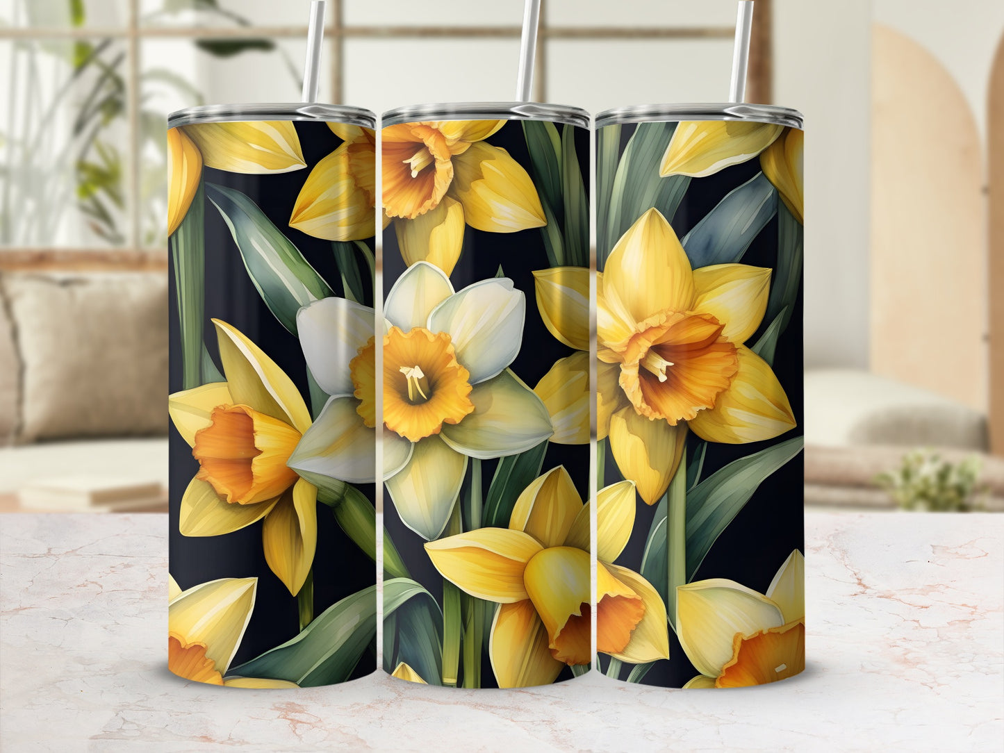 Three tumblers featuring a dark background and yellow and white daffodils.