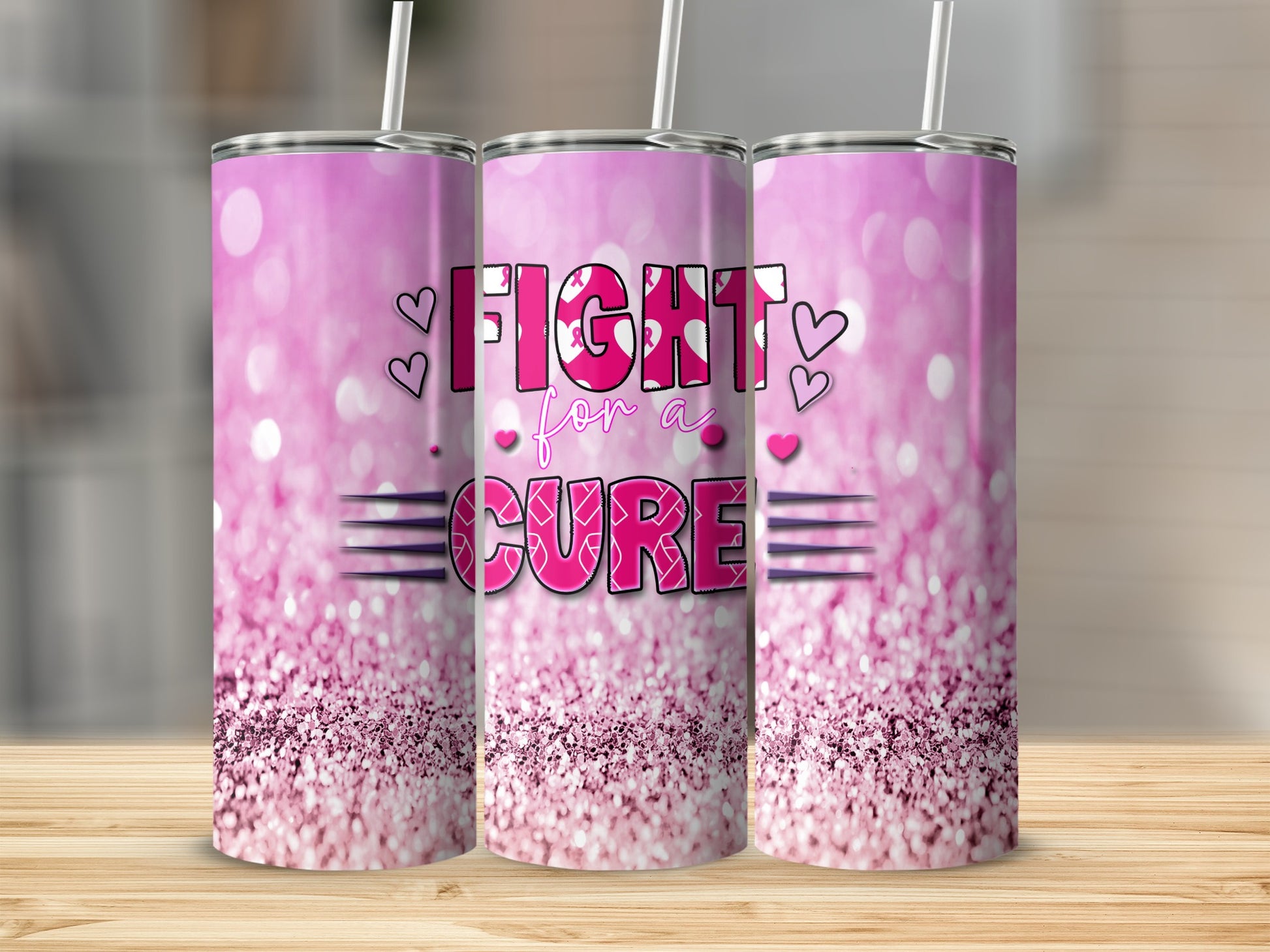 Pink glitter tumbler with "Fight for a Cure" text and hearts.