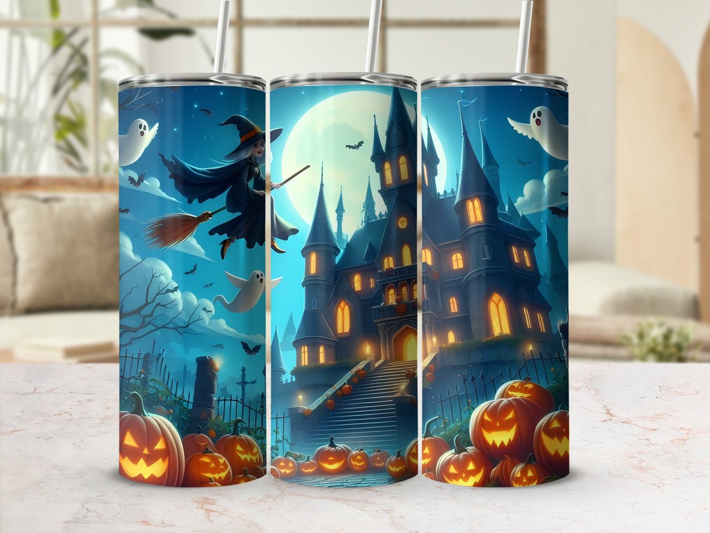 Halloween scene with witch, castle, ghosts, pumpkins, and bats on tumblers.
