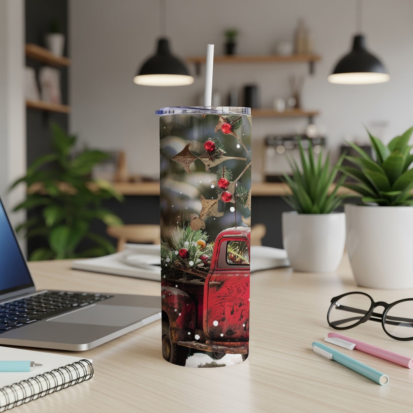 Red truck with cardinals and pine branches on a skinny tumbler.