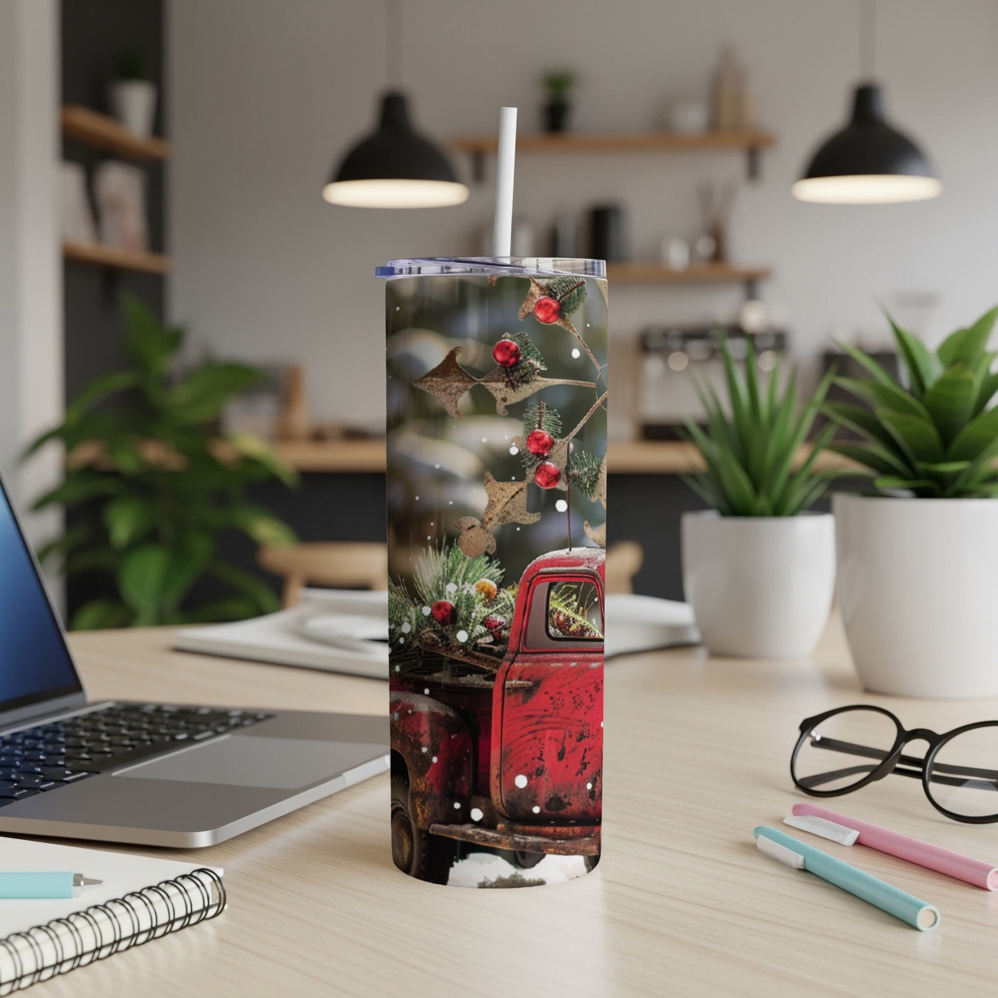 Red truck with cardinals and pine branches on a skinny tumbler.
