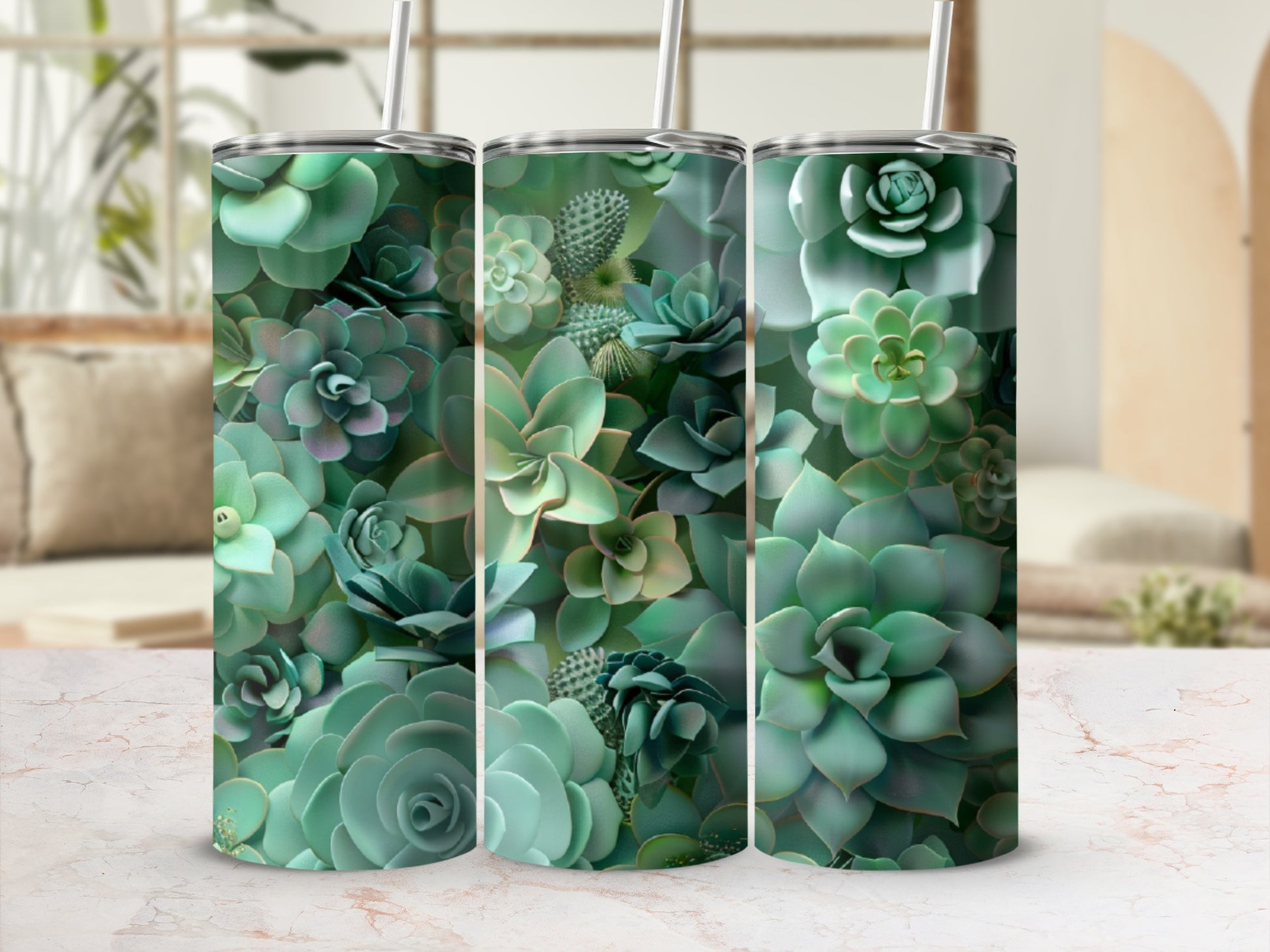 Three tumblers with a repeating pattern of green succulents.