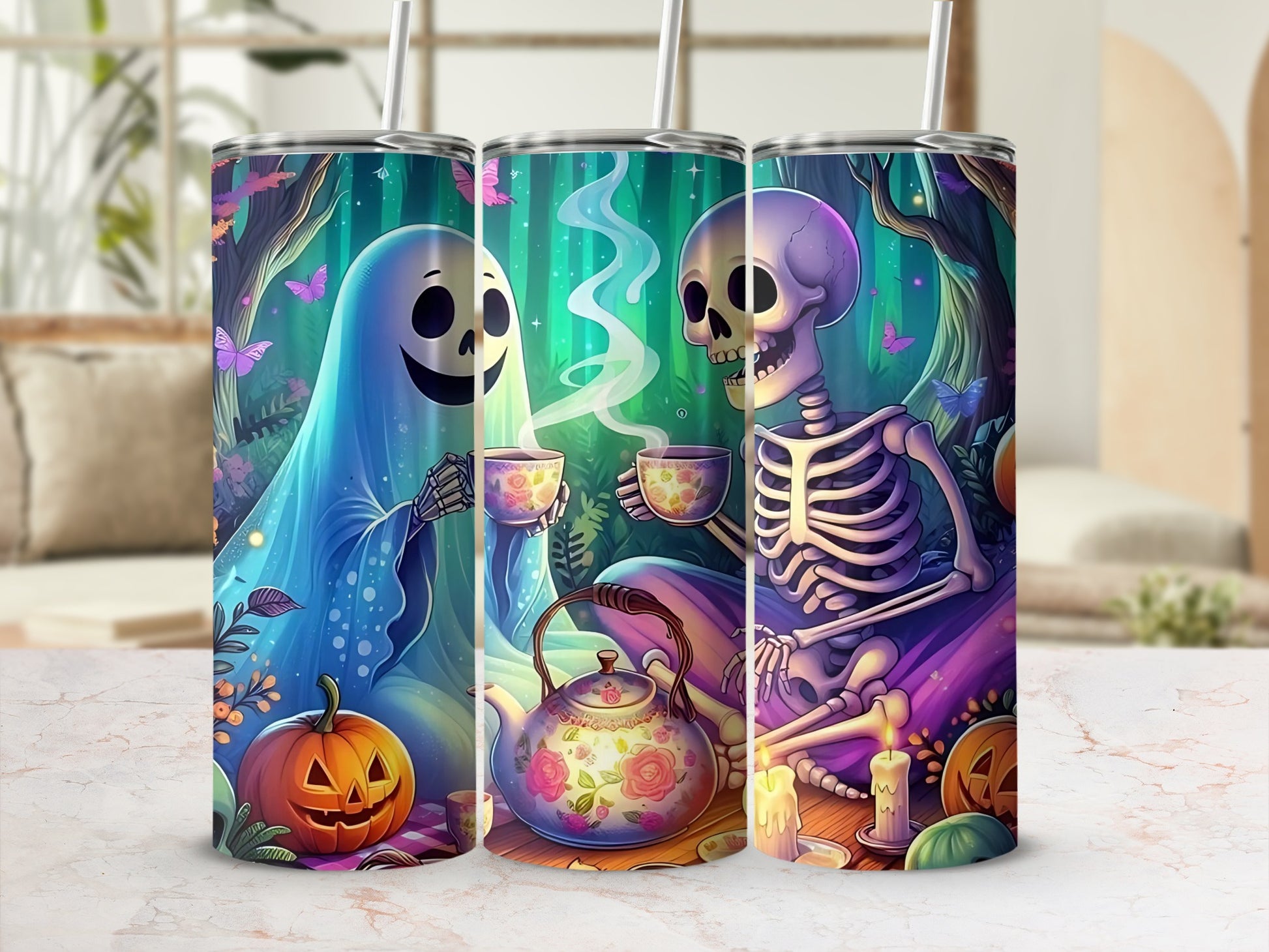 Ghost and skeleton drinking tea with pumpkins and butterflies in a forest.
