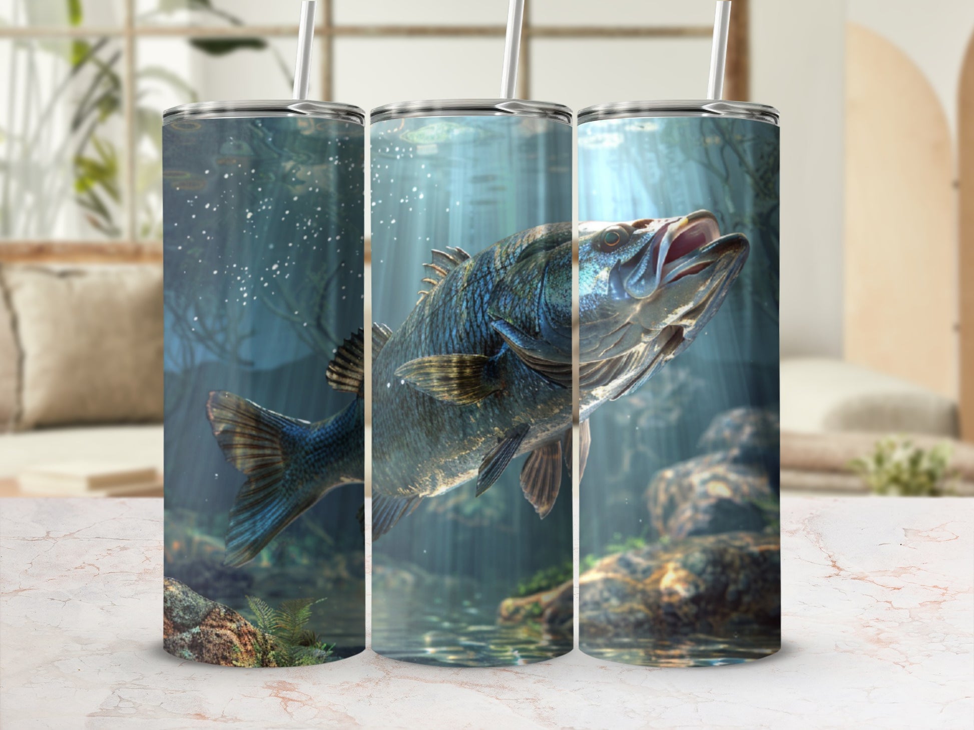 Triptych tumbler design featuring a largemouth bass leaping from water.