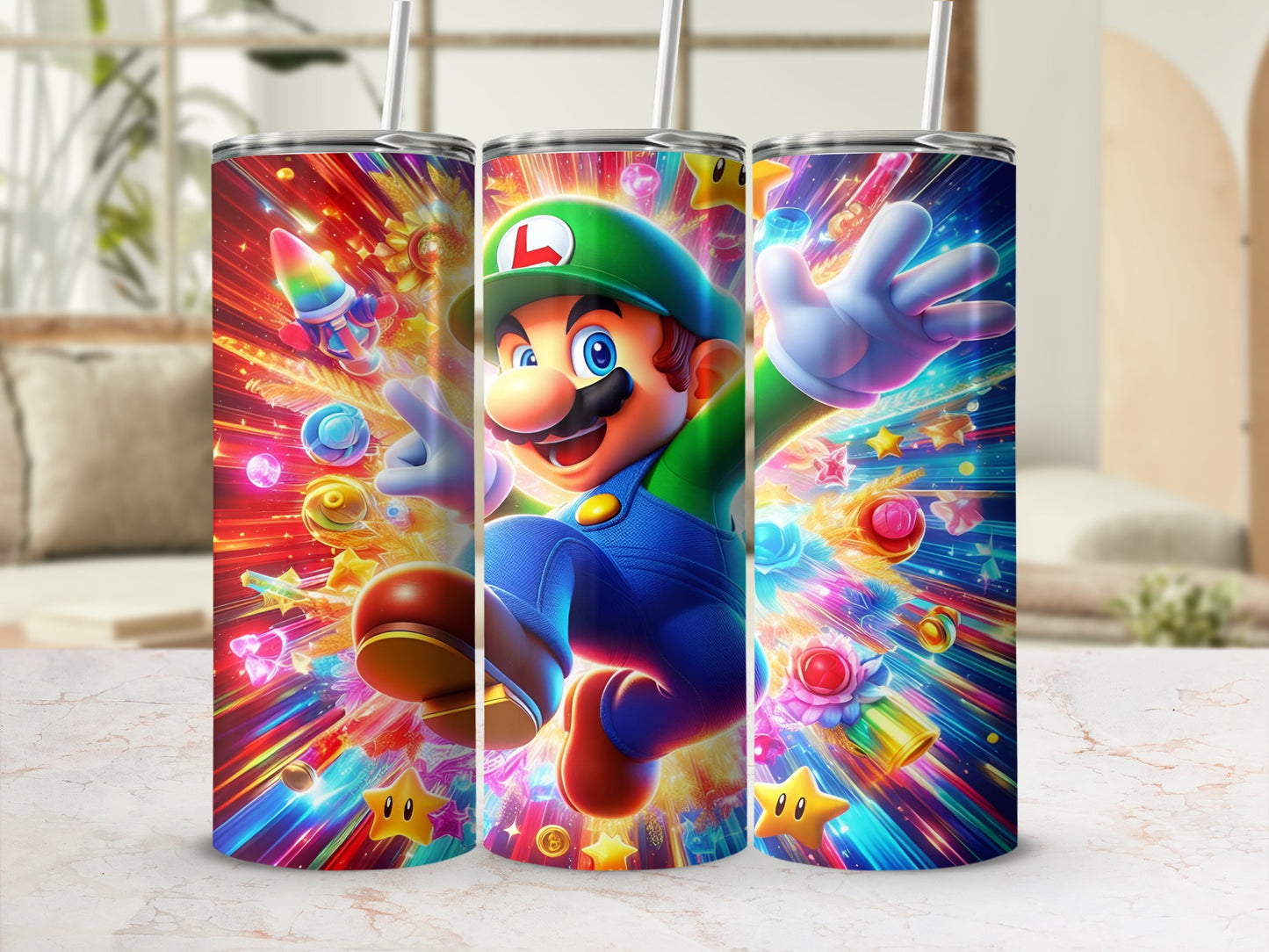 Luigi from Mario in dynamic pose with colorful stars and rainbow streaks.