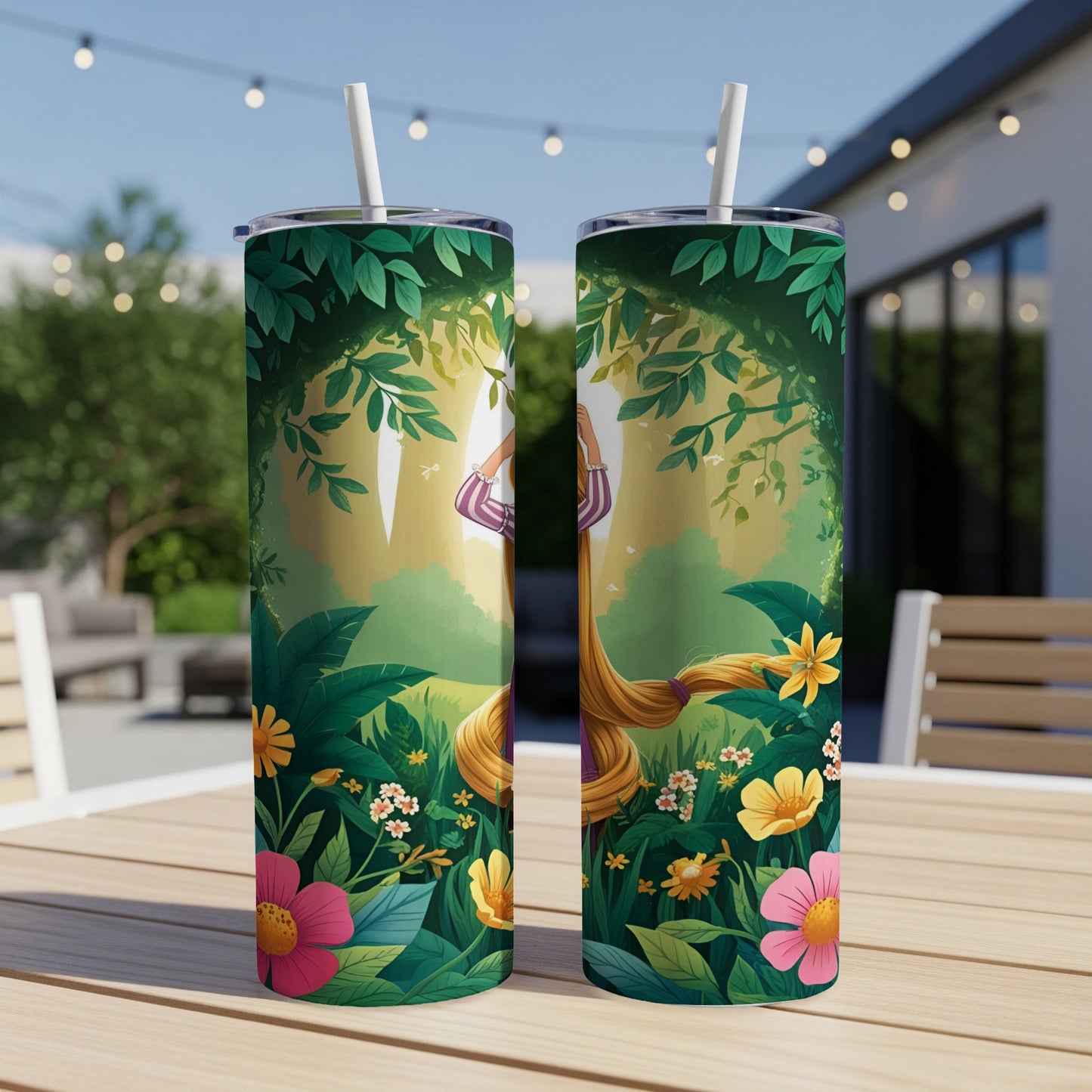 Tangled Rapunzel illustration on a double-sided tumbler with straw.
