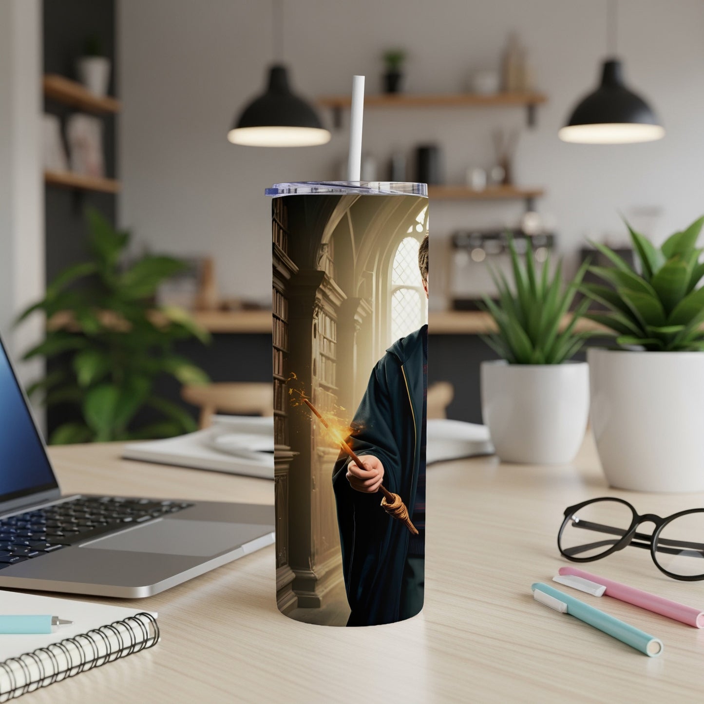 Harry Potter character with wand casting a spell on a tumbler.