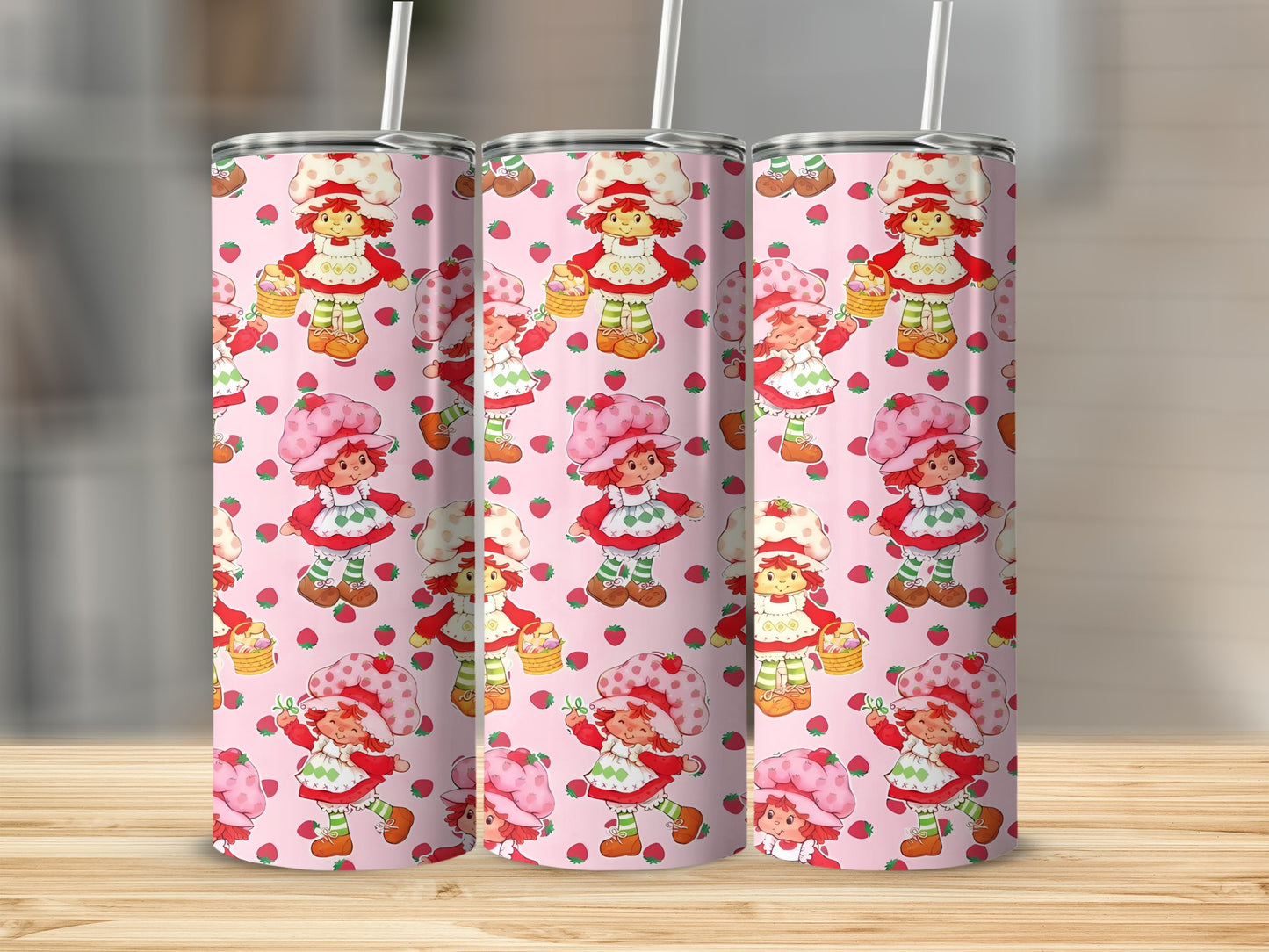 Strawberry Shortcake characters with strawberries pattern on tumbler.