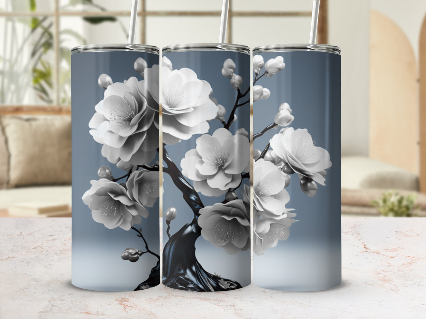 Floral tumbler design with white cherry blossoms on a gray background.