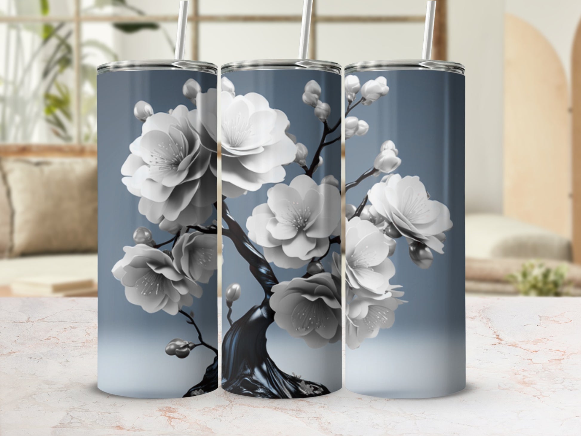 Floral tumbler design with white cherry blossoms on a gray background.