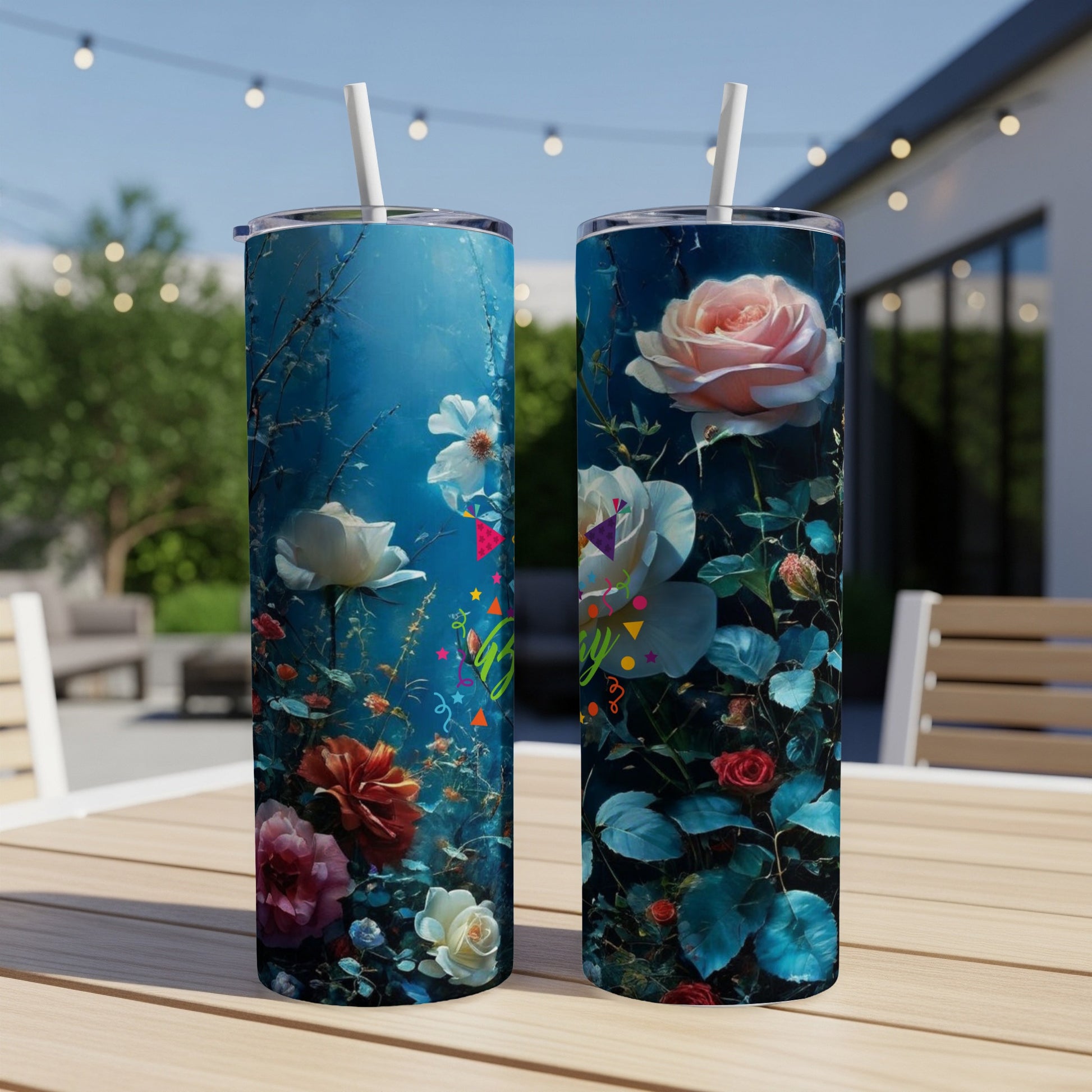 Two tumblers with floral and confetti designs sit on a table.