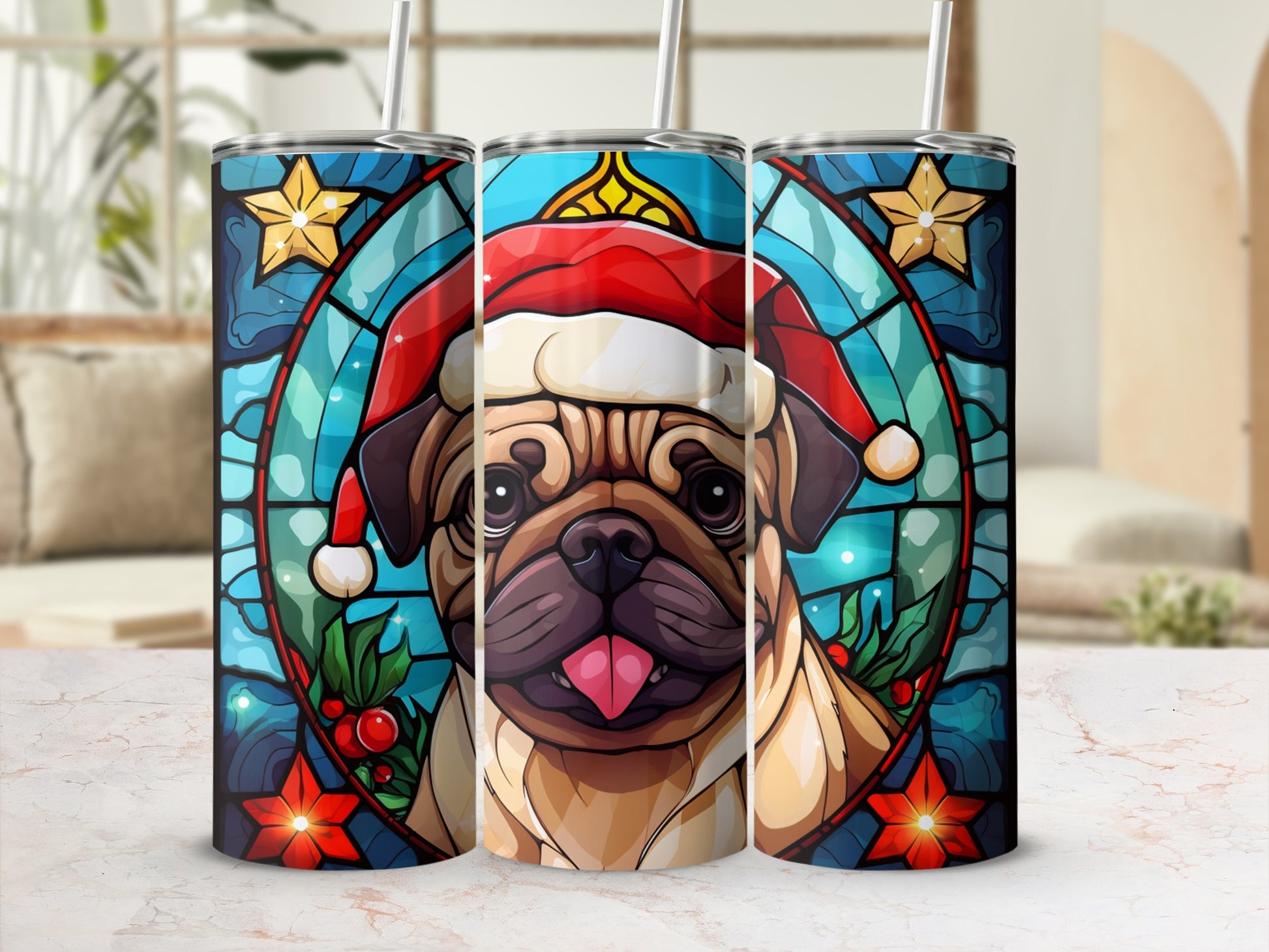 Christmas pug in stained glass Santa hat with red berries and stars.