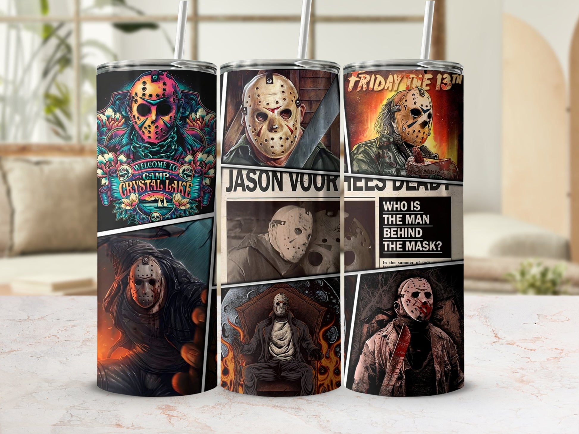 Tumblers featuring Friday the 13th art, including Crystal Lake and Jason Voorhees.